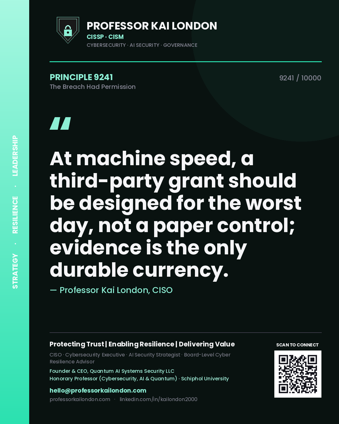 Quote card by Professor Kai London reading 'At machine speed, a third-party grant should be designed for the worst day, not a paper control; evidence is the only durable currency.'. From the book The Breach Had Permission.