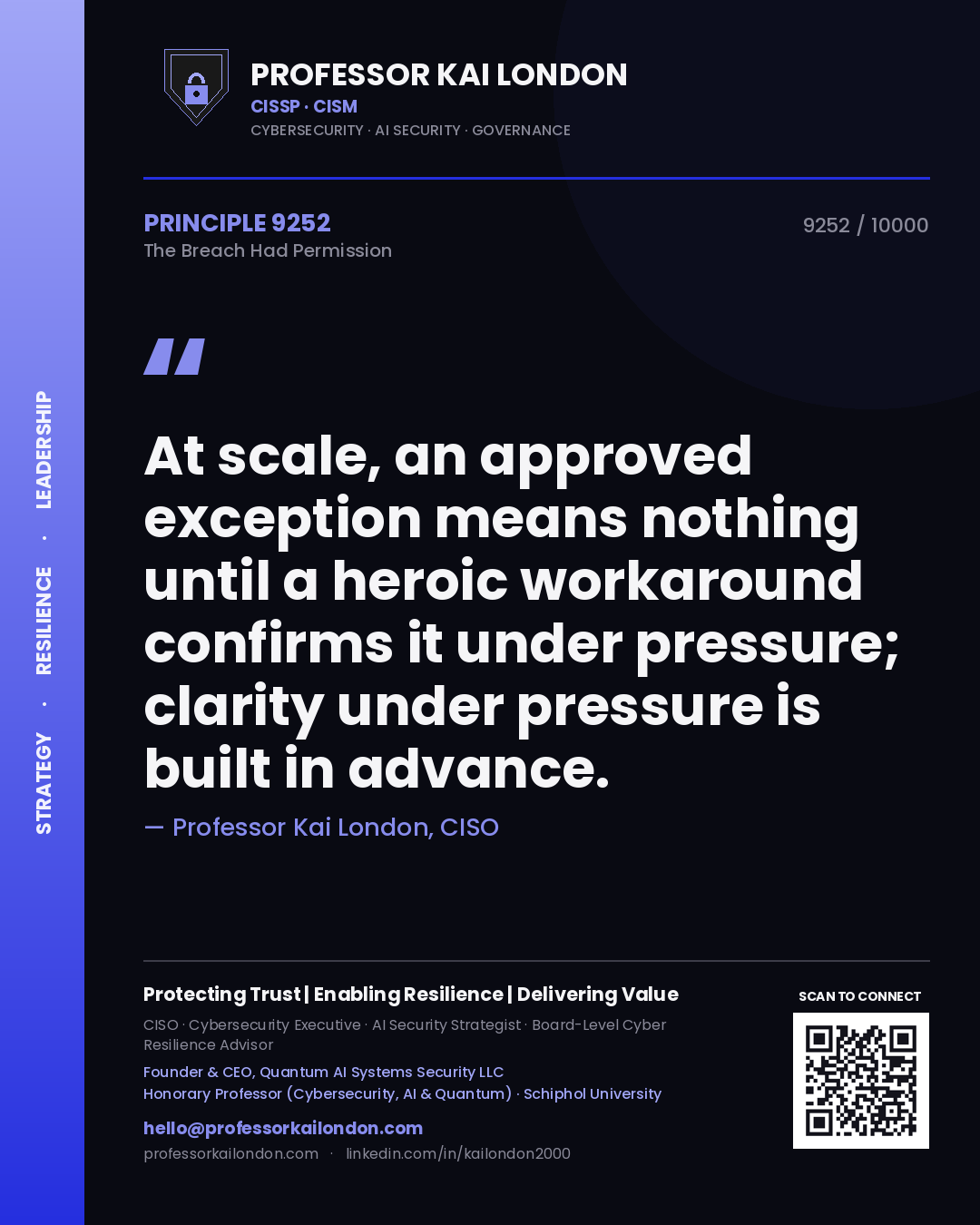 Quote card by Professor Kai London reading 'At scale, an approved exception means nothing until a heroic workaround confirms it under pressure; clarity under pressure is built in advance.'. From the book The Breach Had Permission.