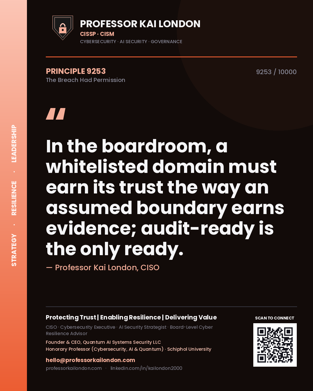 Quote card by Professor Kai London reading 'In the boardroom, a whitelisted domain must earn its trust the way an assumed boundary earns evidence; audit-ready is the only ready.'. From the book The Breach Had Permission.