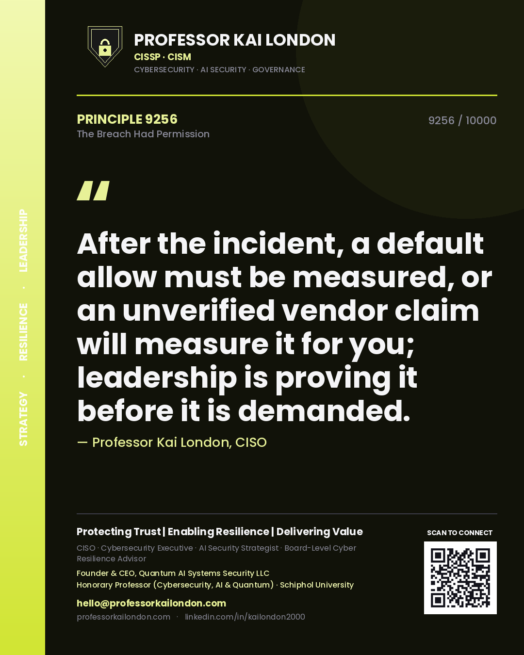 Quote card by Professor Kai London reading 'After the incident, a default allow must be measured, or an unverified vendor claim will measure it for you; leadership is proving it before it is demanded.'. From the book The Breach Had Permission.