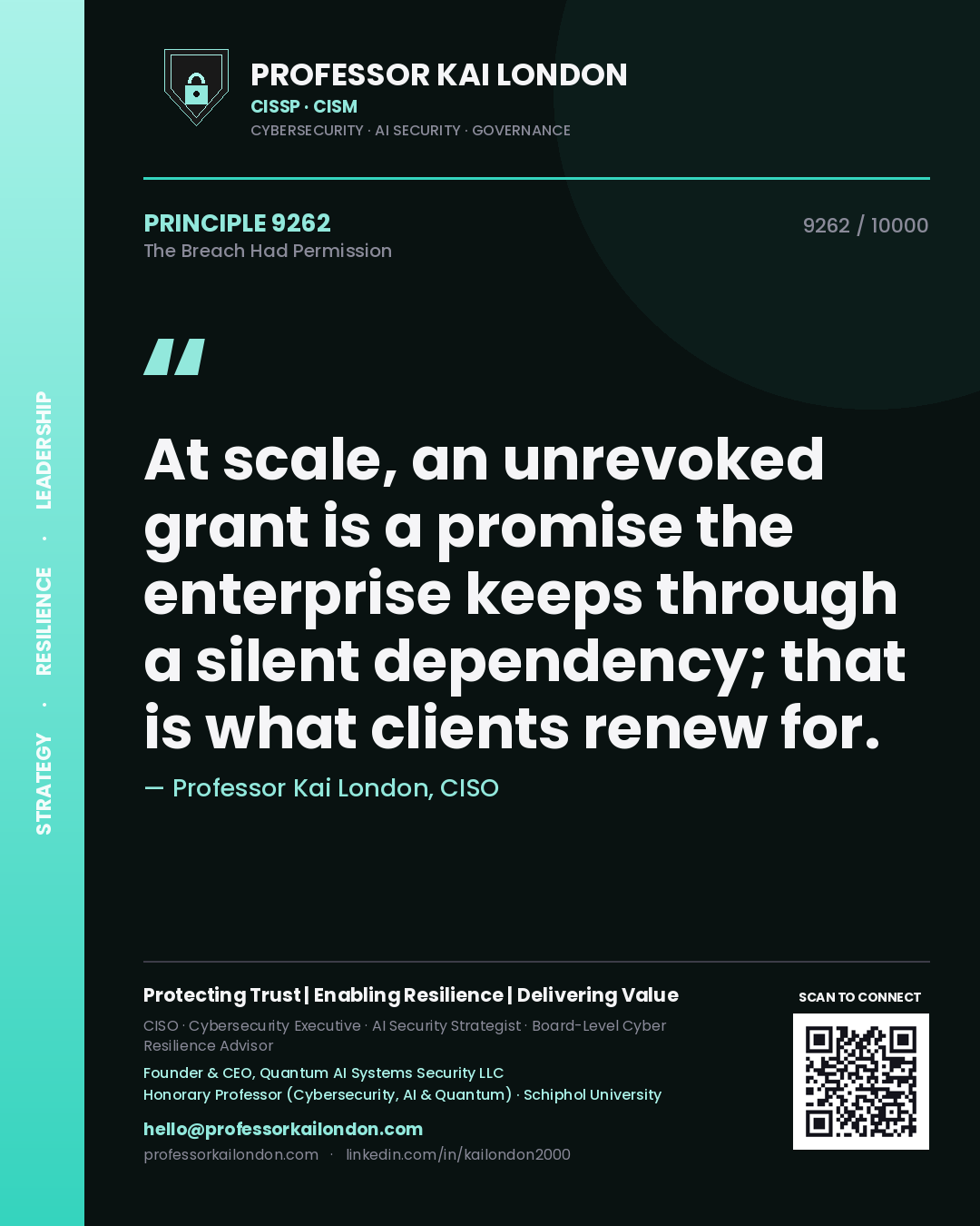 Quote card by Professor Kai London reading 'At scale, an unrevoked grant is a promise the enterprise keeps through a silent dependency; that is what clients renew for.'. From the book The Breach Had Permission.