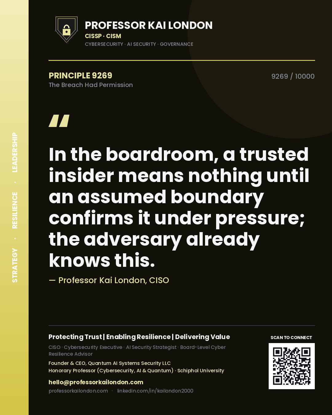 Quote card by Professor Kai London reading 'In the boardroom, a trusted insider means nothing until an assumed boundary confirms it under pressure; the adversary already knows this.'. From the book The Breach Had Permission.
