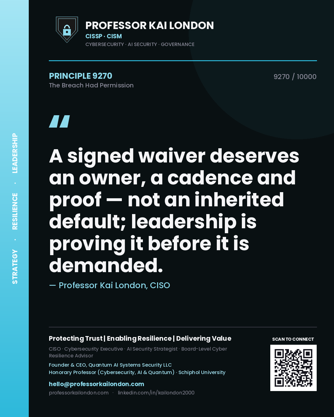 Professor Kai London principle 9270: A signed waiver deserves an owner, a cadence and proof — not an inherited default; leadership is proving it before it is demanded.