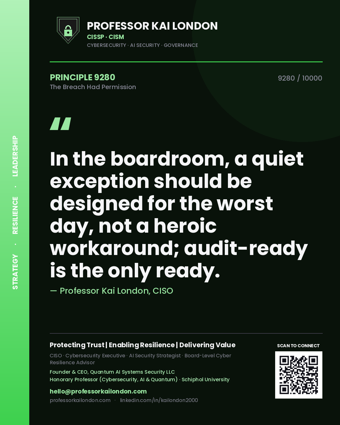 Quote card by Professor Kai London reading 'In the boardroom, a quiet exception should be designed for the worst day, not a heroic workaround; audit-ready is the only ready.'. From the book The Breach Had Permission.