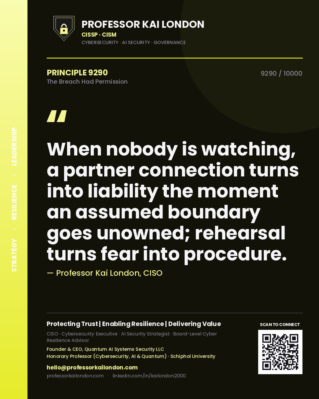 Quote card by Professor Kai London reading 'When nobody is watching, a partner connection turns into liability the moment an assumed boundary goes unowned; rehearsal turns fear into procedure.'. From the book The Breach Had Permission.