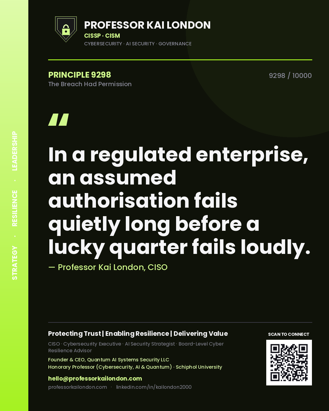 Quote card by Professor Kai London reading 'In a regulated enterprise, an assumed authorisation fails quietly long before a lucky quarter fails loudly.'. From the book The Breach Had Permission.