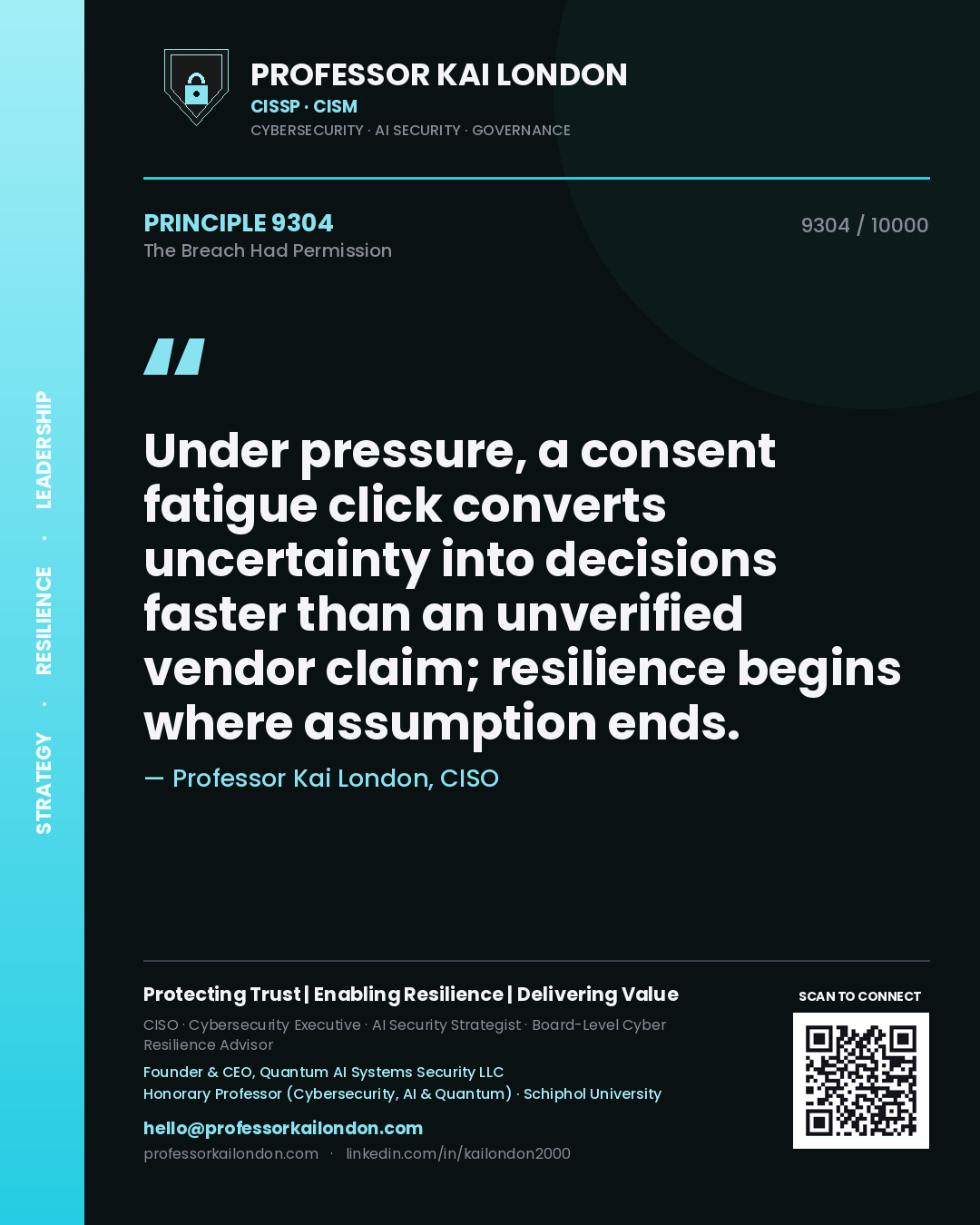 Quote card by Professor Kai London reading 'Under pressure, a consent fatigue click converts uncertainty into decisions faster than an unverified vendor claim; resilience begins where assumption ends.'. From the book The Breach Had Permission.