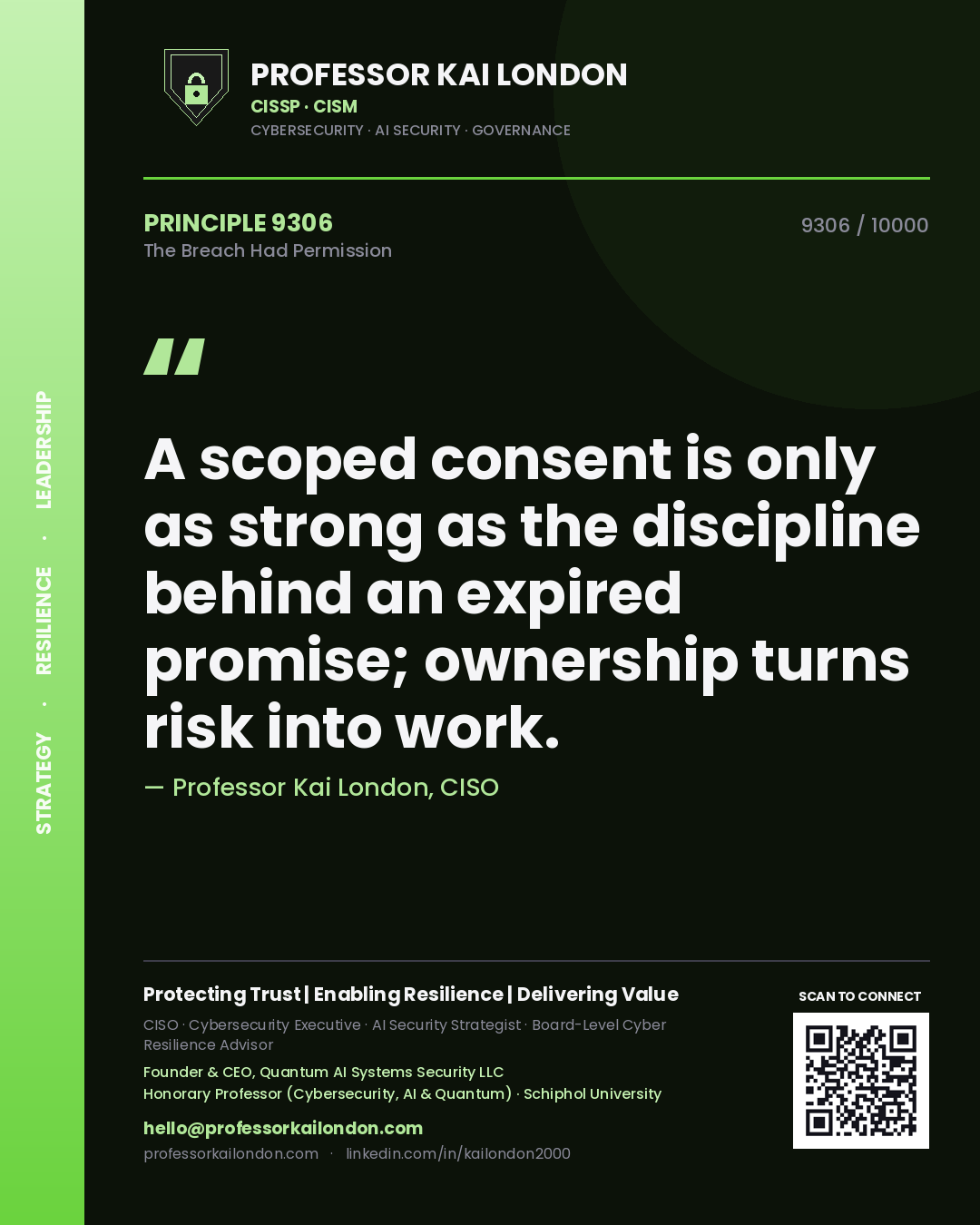 Quote card by Professor Kai London reading 'A scoped consent is only as strong as the discipline behind an expired promise; ownership turns risk into work.'. From the book The Breach Had Permission.