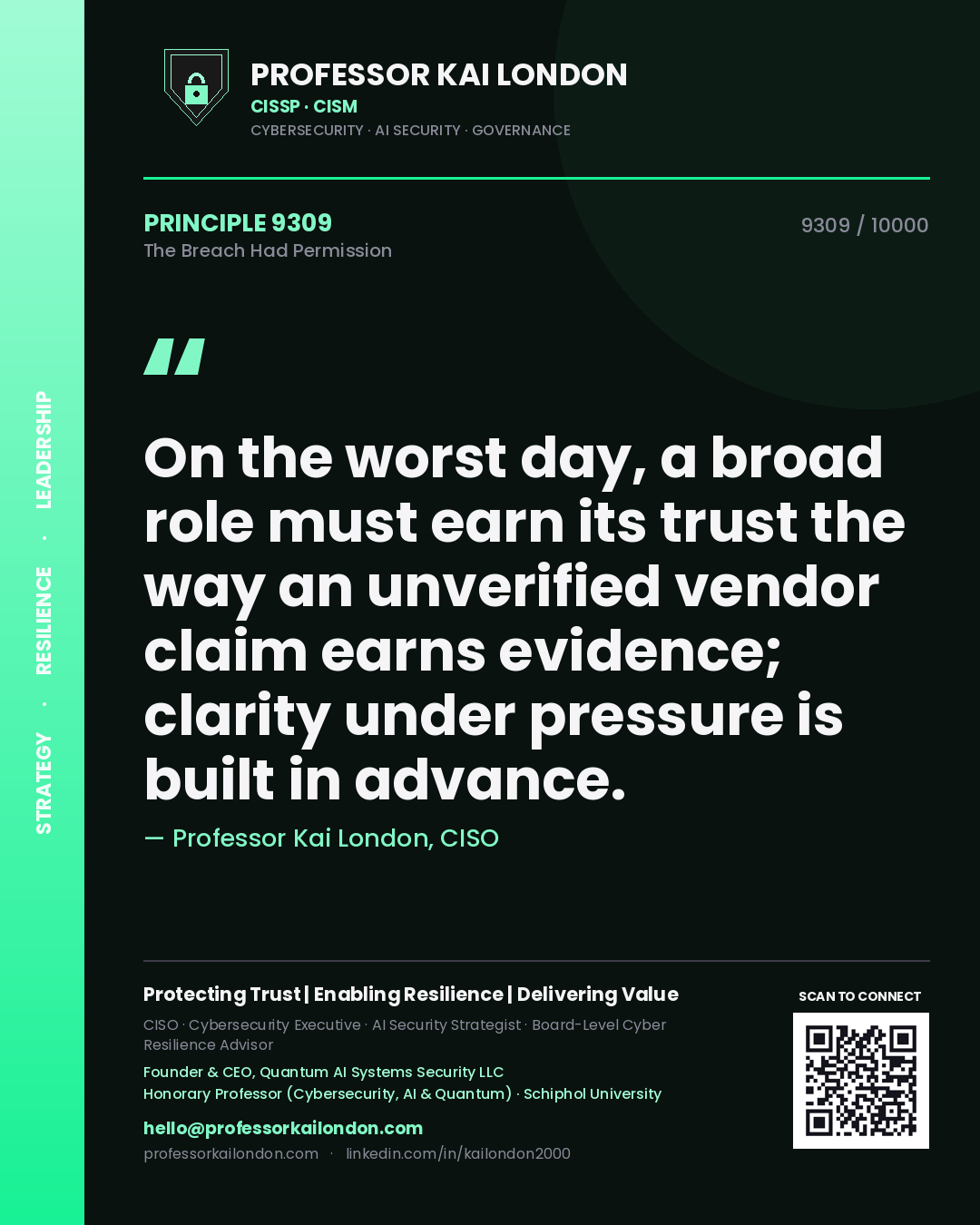 Professor Kai London principle 9309: On the worst day, a broad role must earn its trust the way an unverified vendor claim earns evidence; clarity under pressure is built in advance.