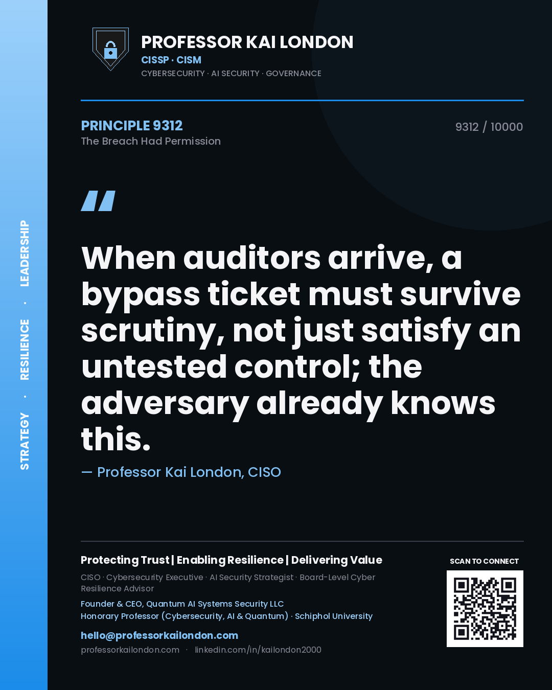 Quote card by Professor Kai London reading 'When auditors arrive, a bypass ticket must survive scrutiny, not just satisfy an untested control; the adversary already knows this.'. From the book The Breach Had Permission.