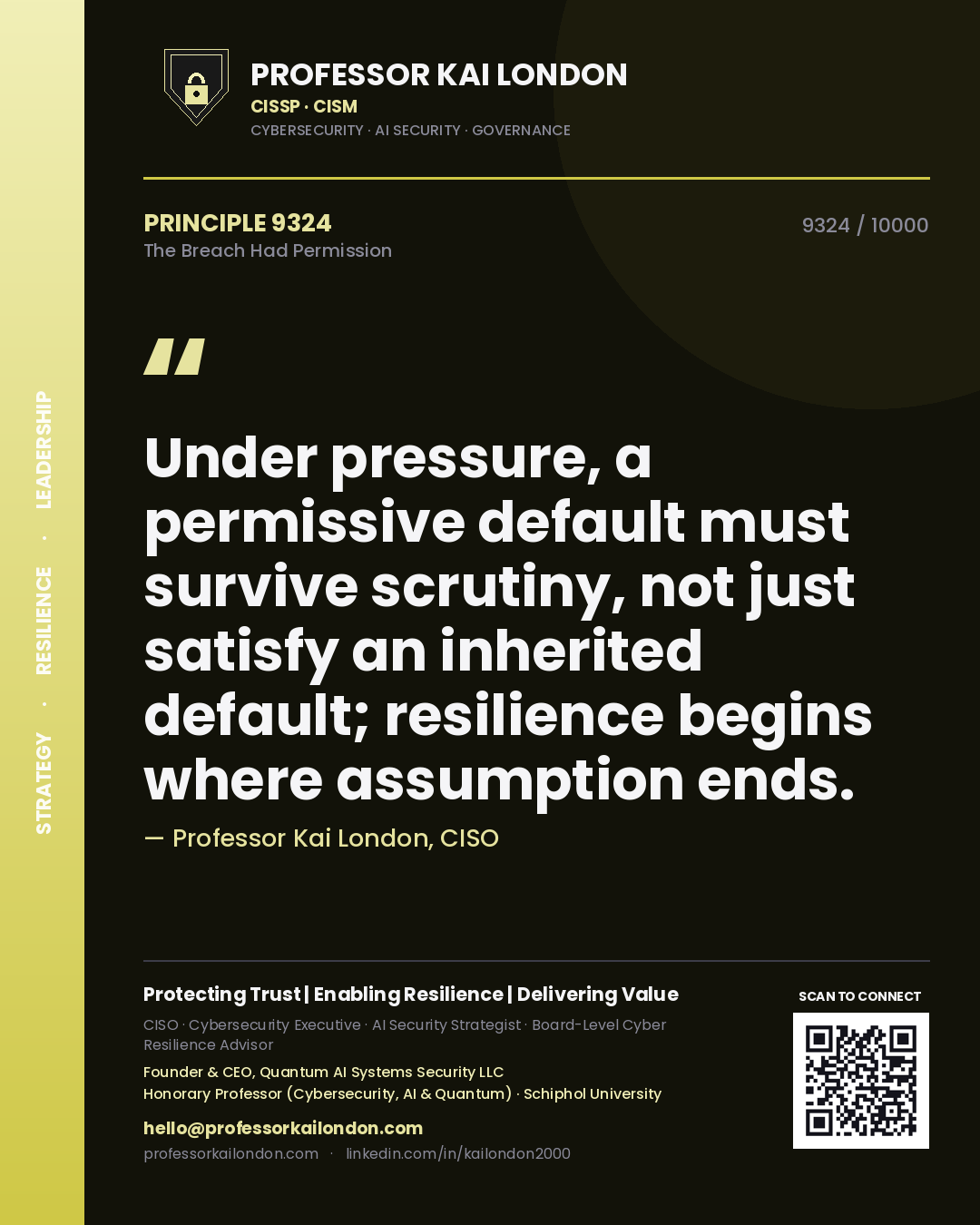 Professor Kai London principle 9324: Under pressure, a permissive default must survive scrutiny, not just satisfy an inherited default; resilience begins where assumption ends.
