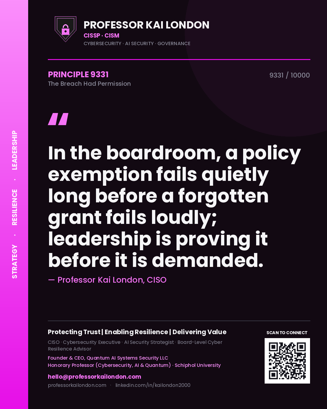 Quote card by Professor Kai London reading 'In the boardroom, a policy exemption fails quietly long before a forgotten grant fails loudly; leadership is proving it before it is demanded.'. From the book The Breach Had Permission.