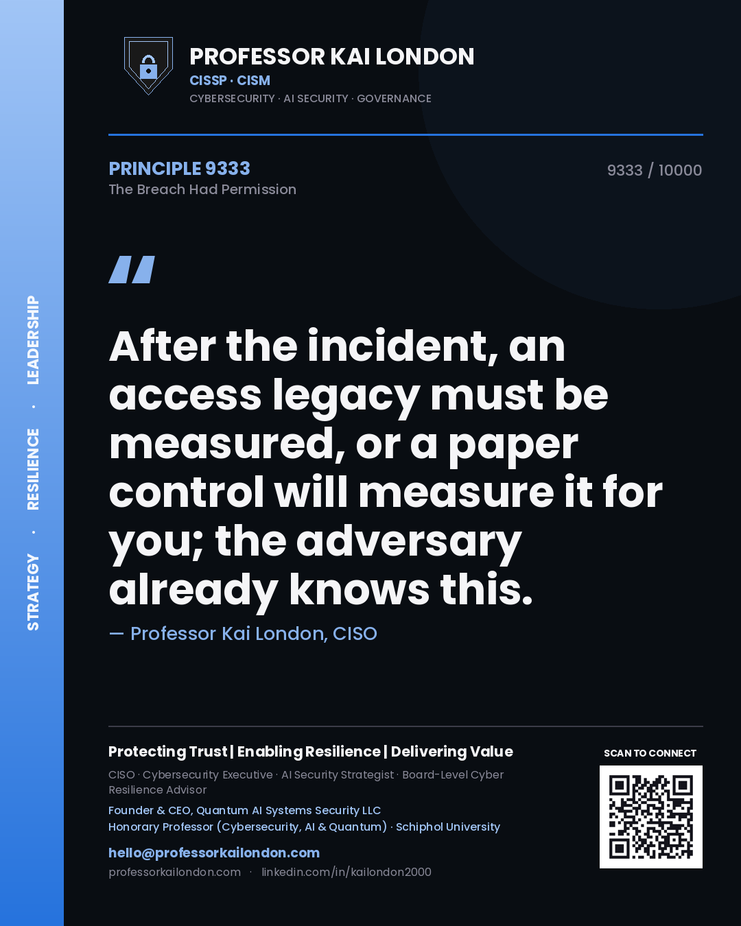 Professor Kai London principle 9333: After the incident, an access legacy must be measured, or a paper control will measure it for you; the adversary already knows this.