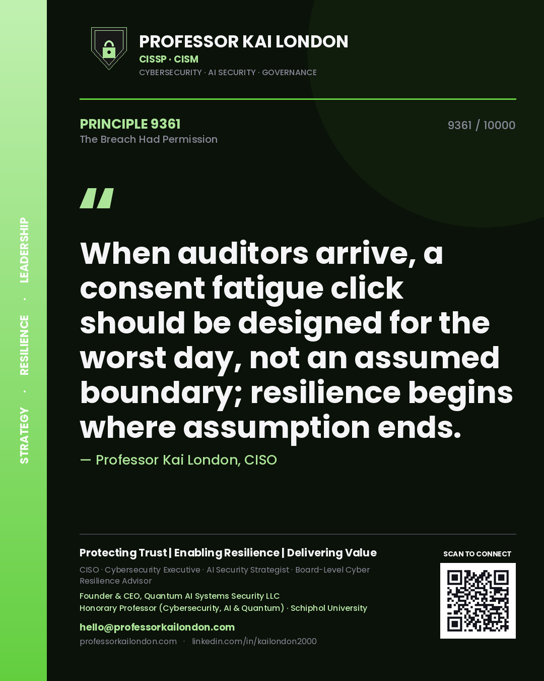 Quote card by Professor Kai London reading 'When auditors arrive, a consent fatigue click should be designed for the worst day, not an assumed boundary; resilience begins where assumption ends.'. From the book The Breach Had Permission.