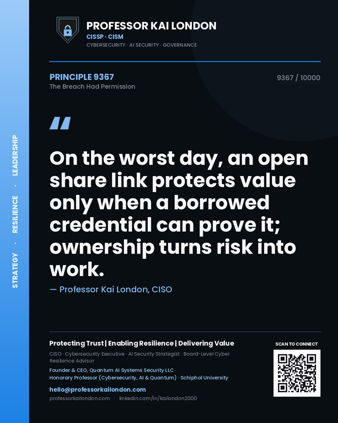 Quote card by Professor Kai London reading 'On the worst day, an open share link protects value only when a borrowed credential can prove it; ownership turns risk into work.'. From the book The Breach Had Permission.