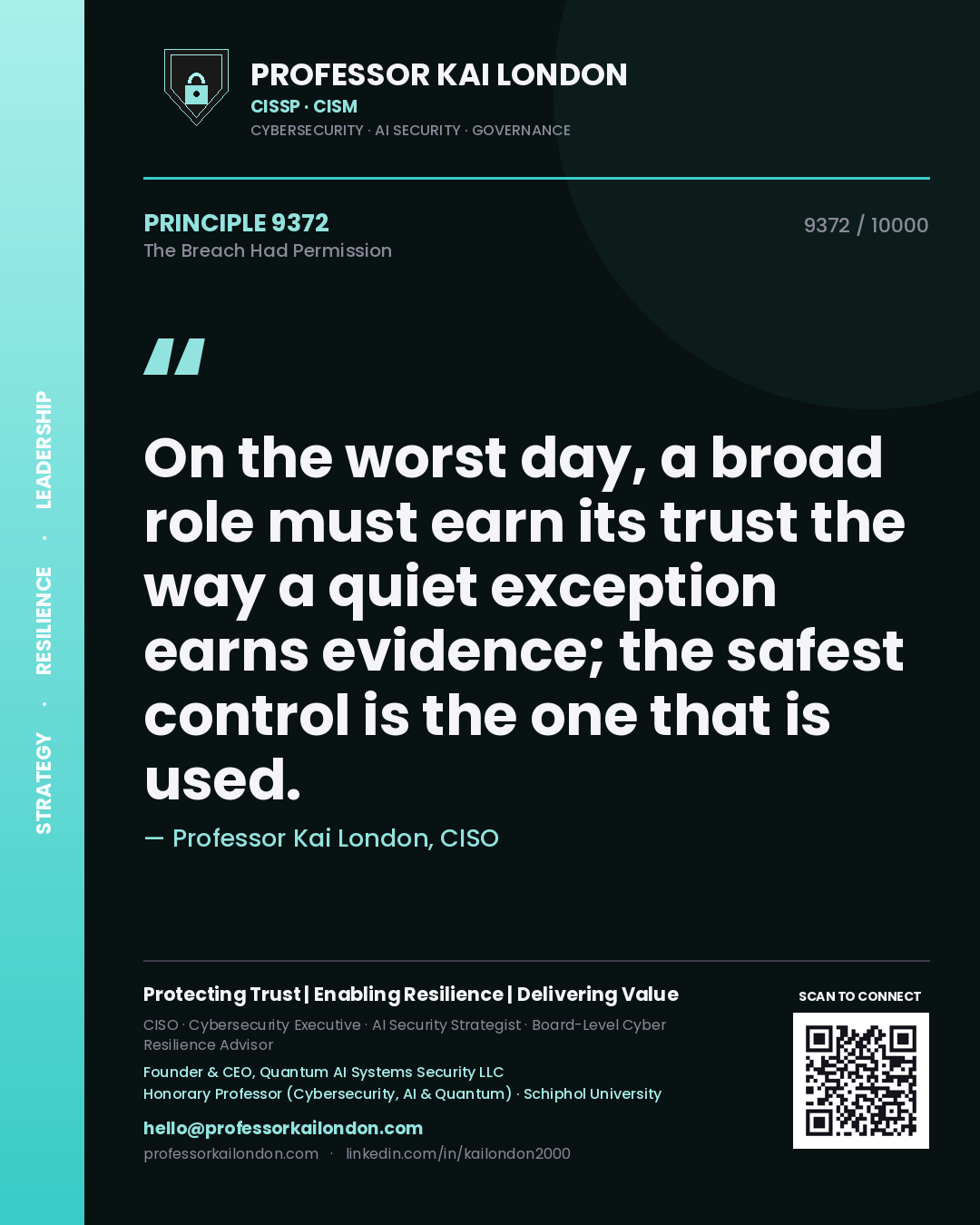 Quote card by Professor Kai London reading 'On the worst day, a broad role must earn its trust the way a quiet exception earns evidence; the safest control is the one that is used.'. From the book The Breach Had Permission.