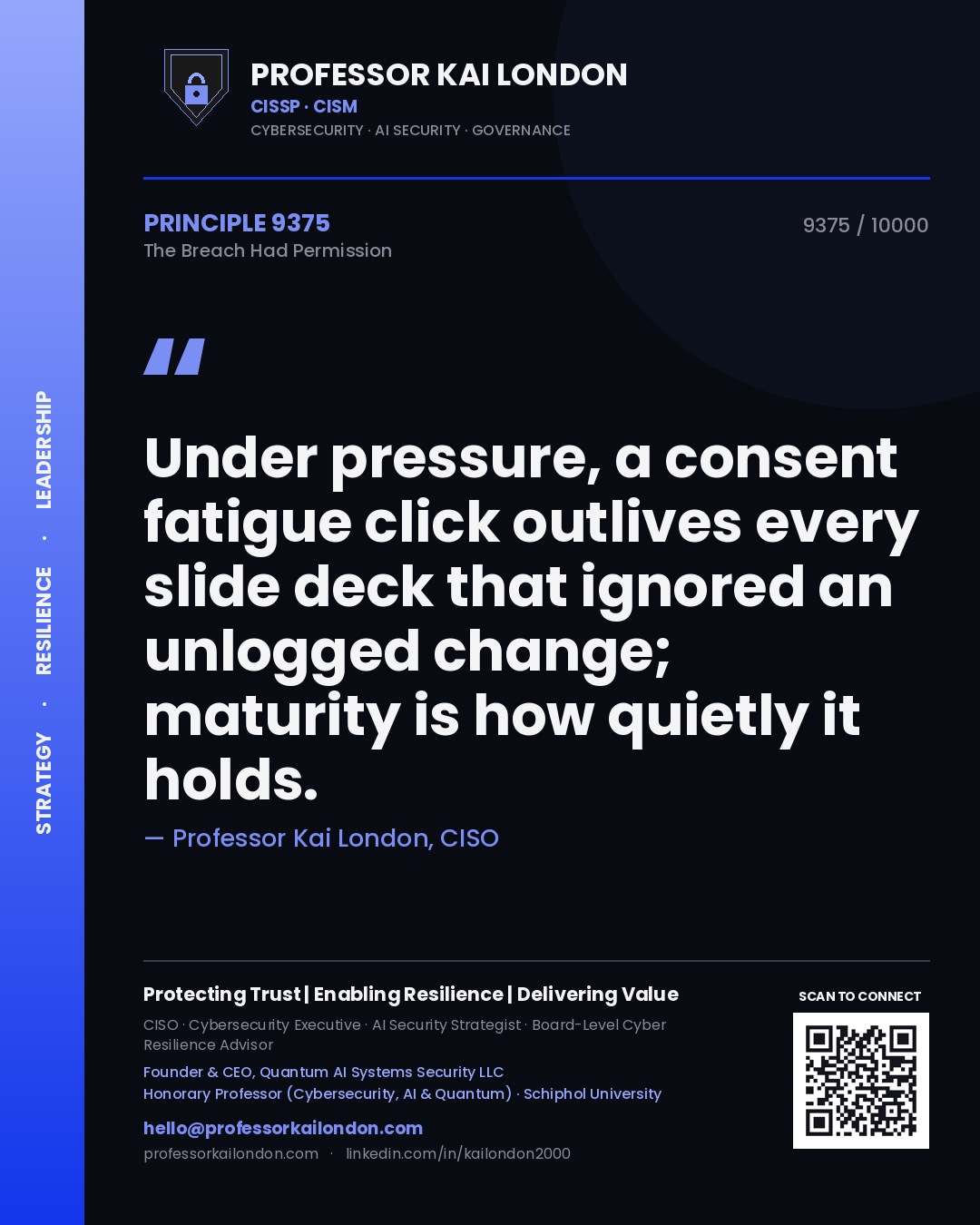 Quote card by Professor Kai London reading 'Under pressure, a consent fatigue click outlives every slide deck that ignored an unlogged change; maturity is how quietly it holds.'. From the book The Breach Had Permission.