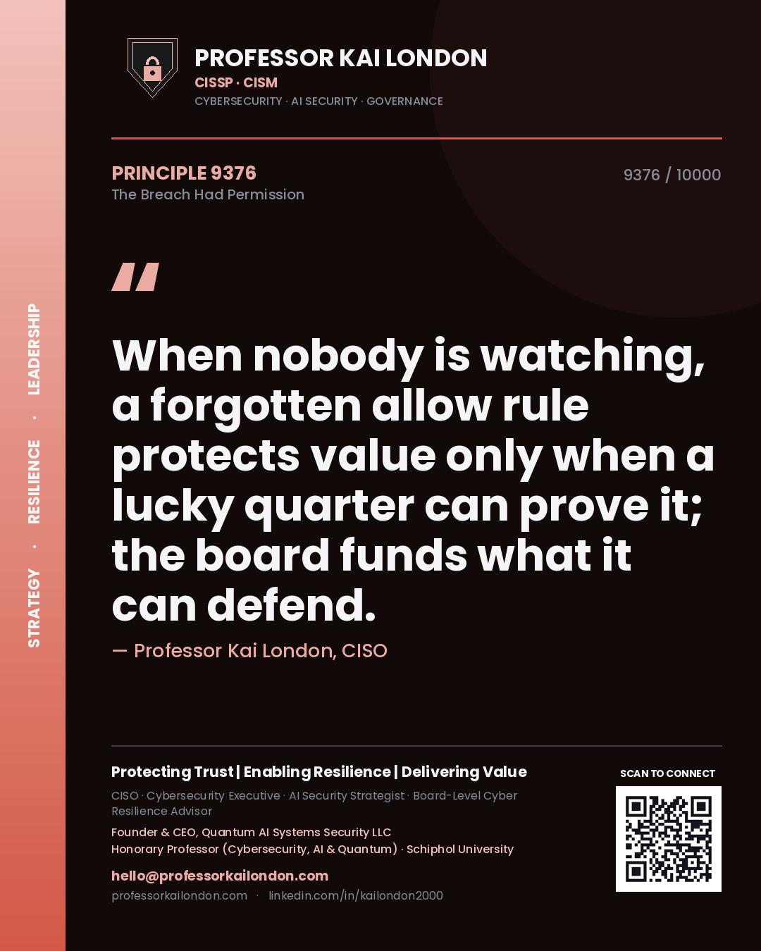 Quote card by Professor Kai London reading 'When nobody is watching, a forgotten allow rule protects value only when a lucky quarter can prove it; the board funds what it can defend.'. From the book The Breach Had Permission.