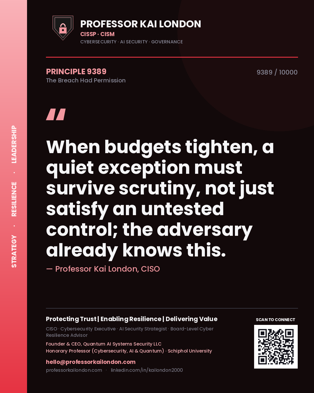 Quote card by Professor Kai London reading 'When budgets tighten, a quiet exception must survive scrutiny, not just satisfy an untested control; the adversary already knows this.'. From the book The Breach Had Permission.