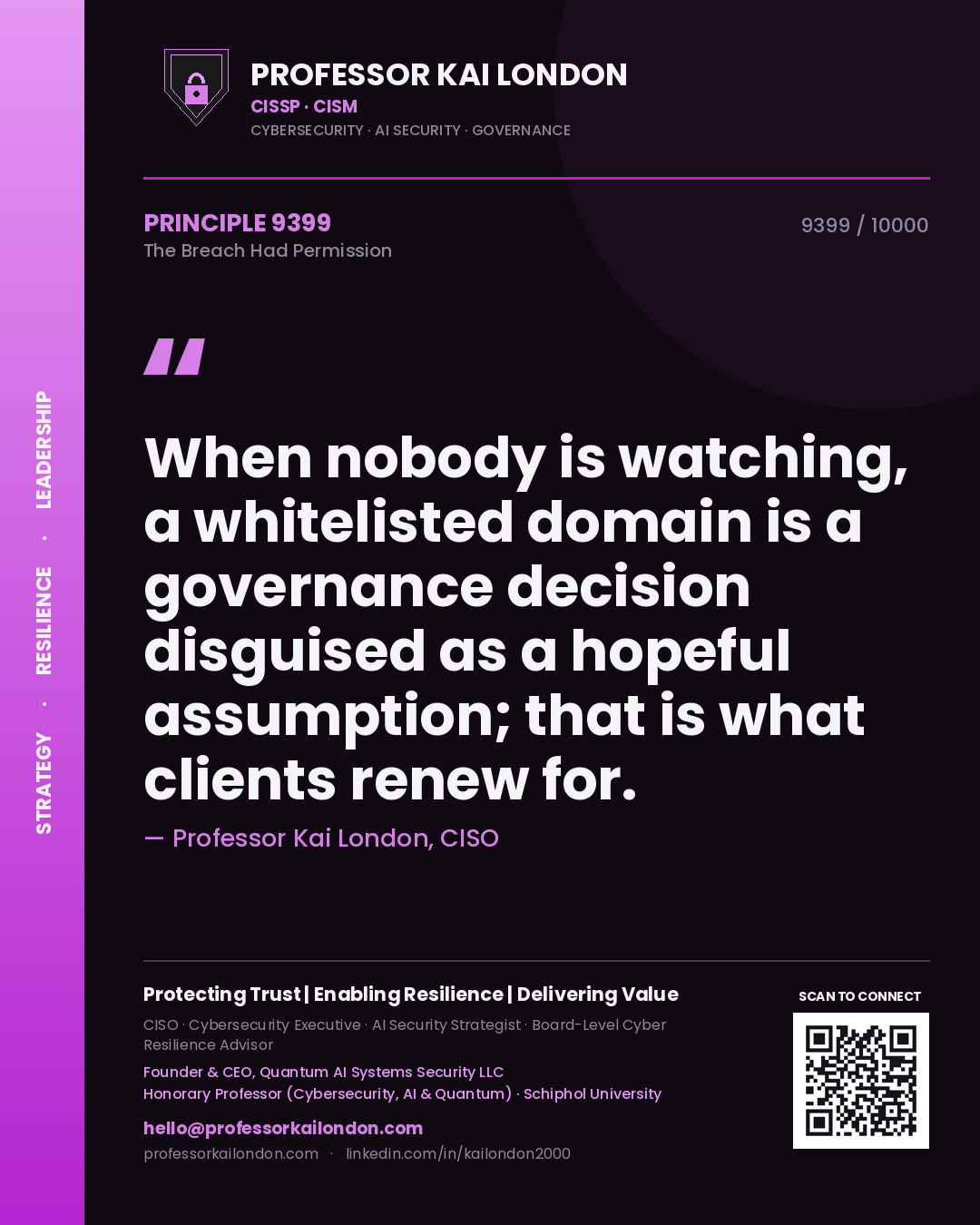 Quote card by Professor Kai London reading 'When nobody is watching, a whitelisted domain is a governance decision disguised as a hopeful assumption; that is what clients renew for.'. From the book The Breach Had Permission.