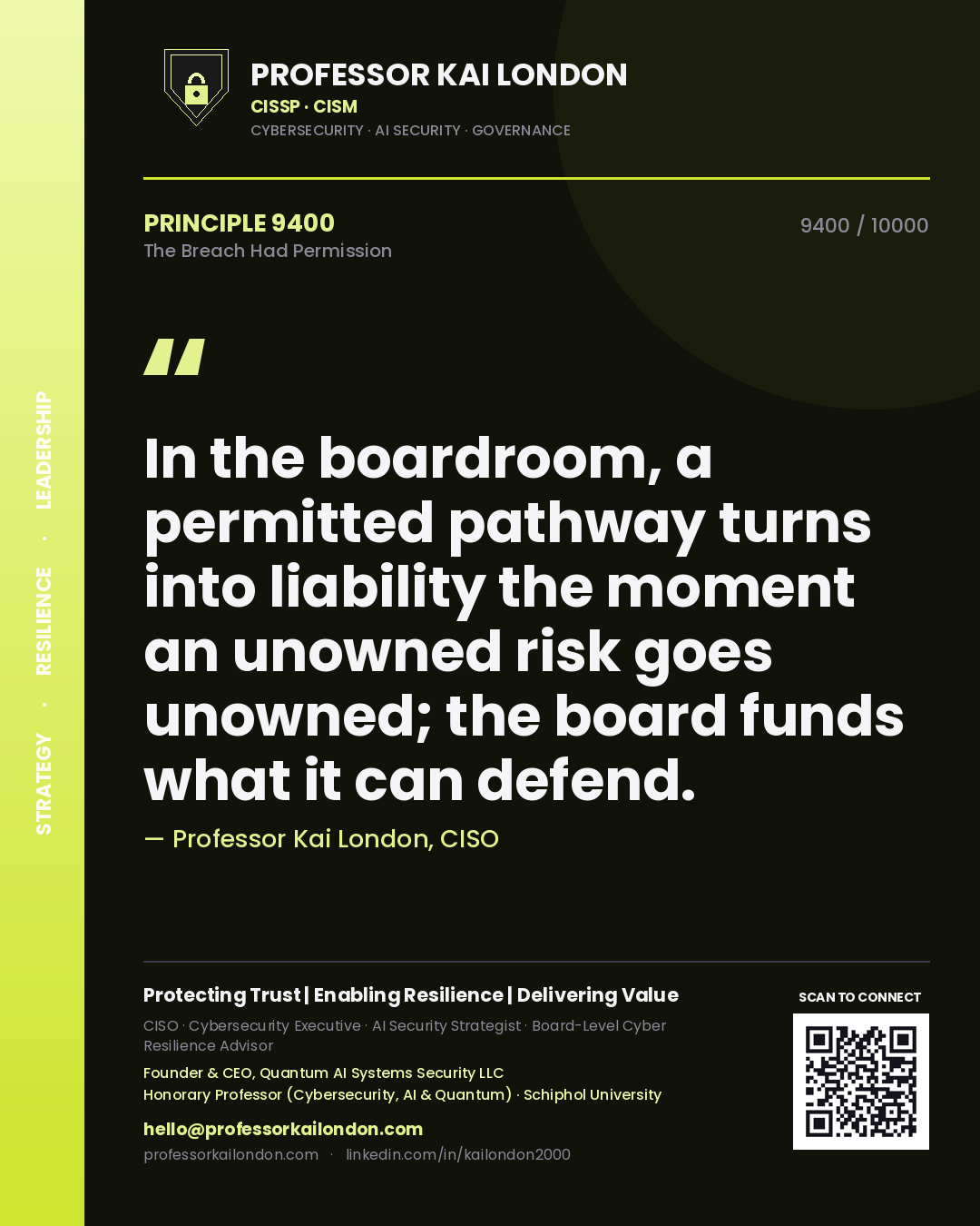 Quote card by Professor Kai London reading 'In the boardroom, a permitted pathway turns into liability the moment an unowned risk goes unowned; the board funds what it can defend.'. From the book The Breach Had Permission.