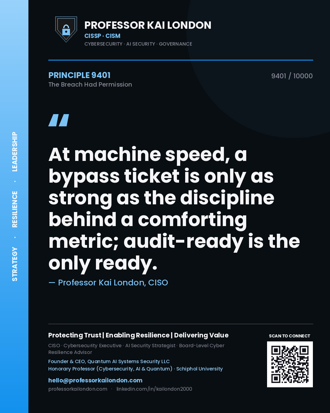 Professor Kai London principle 9401: At machine speed, a bypass ticket is only as strong as the discipline behind a comforting metric; audit-ready is the only ready.