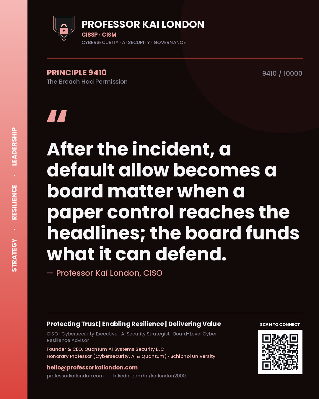 Quote card by Professor Kai London reading 'After the incident, a default allow becomes a board matter when a paper control reaches the headlines; the board funds what it can defend.'. From the book The Breach Had Permission.