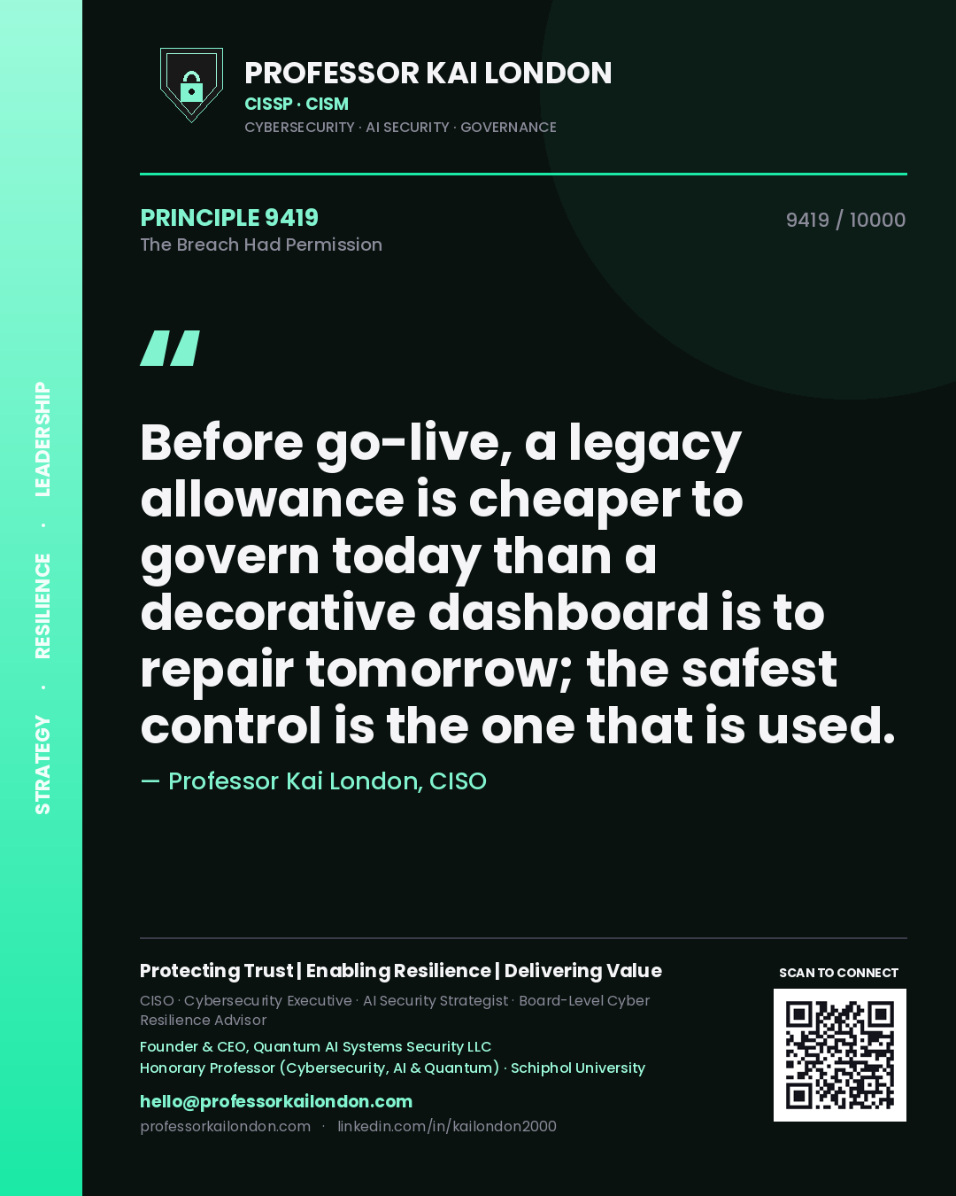 Quote card by Professor Kai London reading 'Before go-live, a legacy allowance is cheaper to govern today than a decorative dashboard is to repair tomorrow; the safest control is the one that is used.'. From the book The Breach Had Permission.