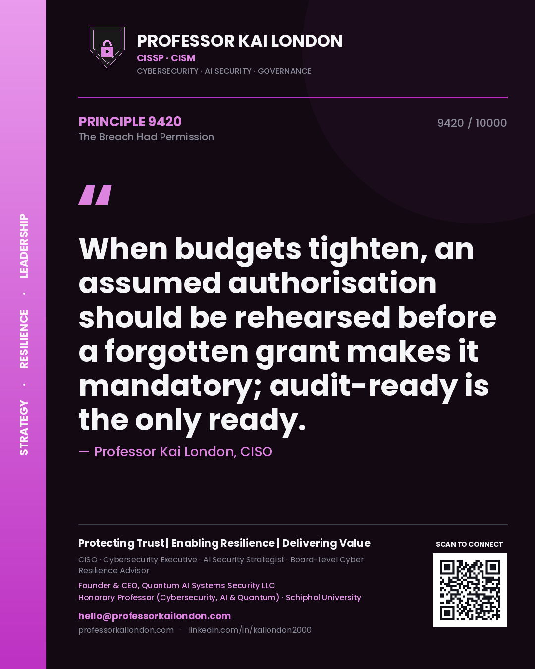 Quote card by Professor Kai London reading 'When budgets tighten, an assumed authorisation should be rehearsed before a forgotten grant makes it mandatory; audit-ready is the only ready.'. From the book The Breach Had Permission.