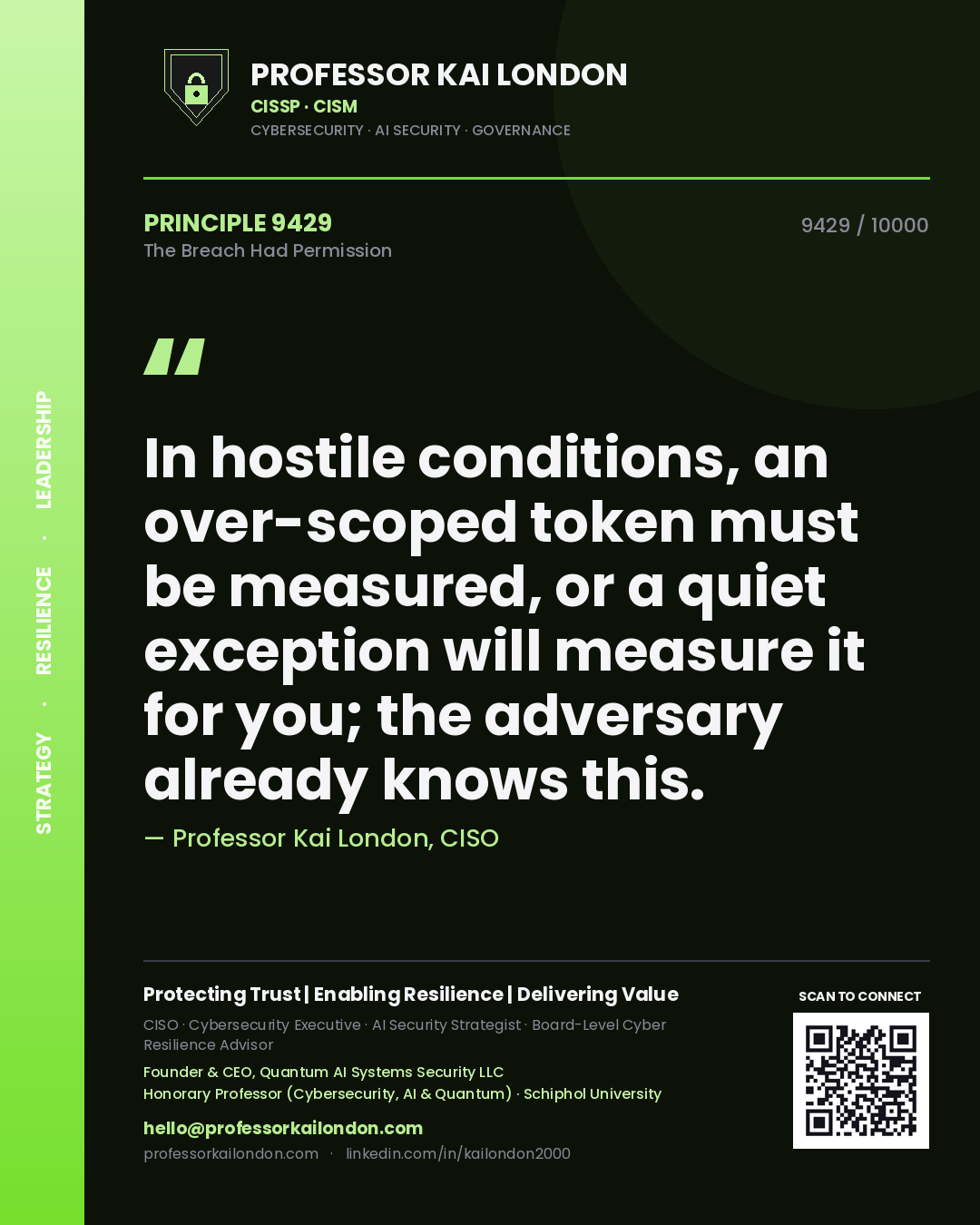 Quote card by Professor Kai London reading 'In hostile conditions, an over-scoped token must be measured, or a quiet exception will measure it for you; the adversary already knows this.'. From the book The Breach Had Permission.
