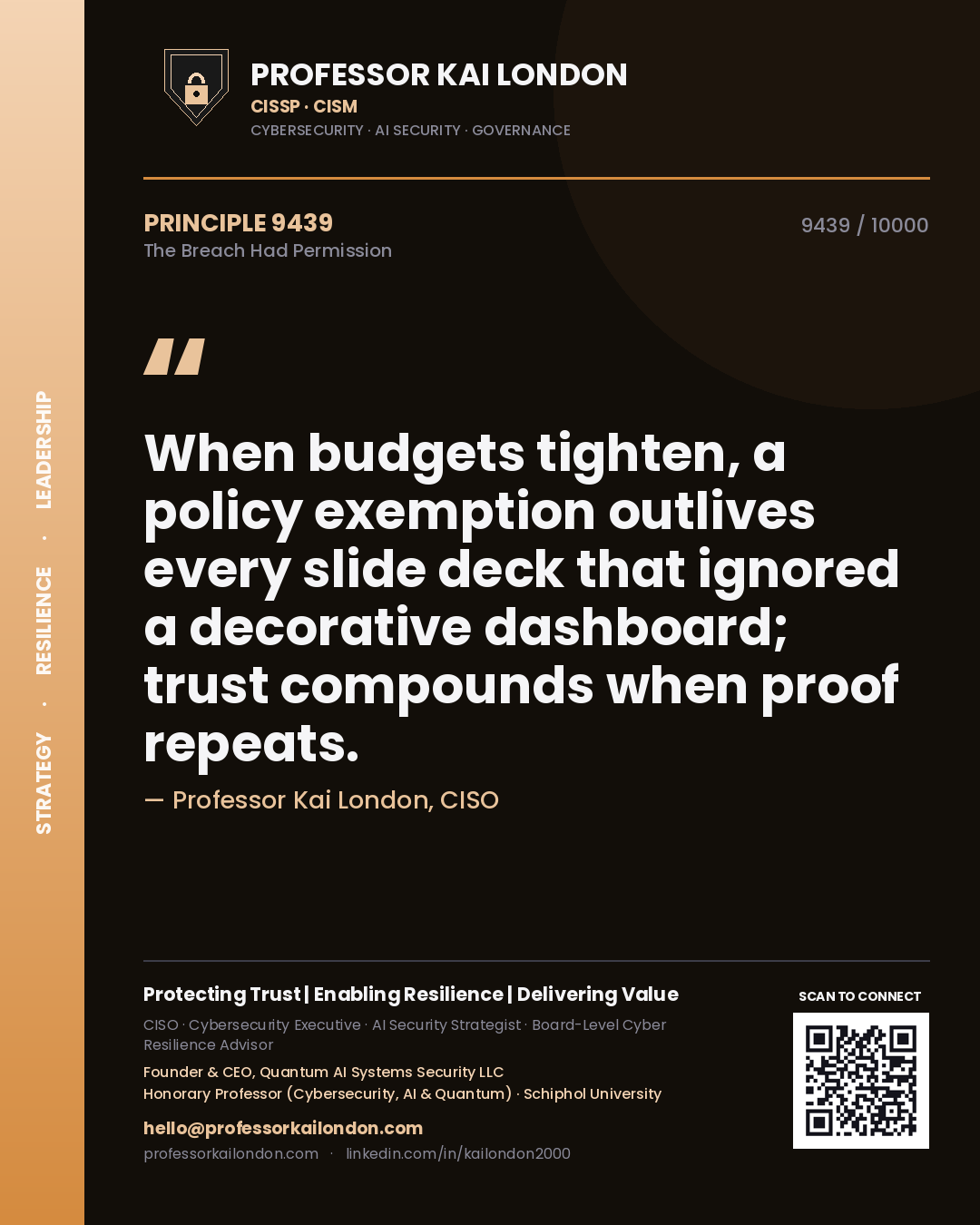 Professor Kai London principle 9439: When budgets tighten, a policy exemption outlives every slide deck that ignored a decorative dashboard; trust compounds when proof repeats.