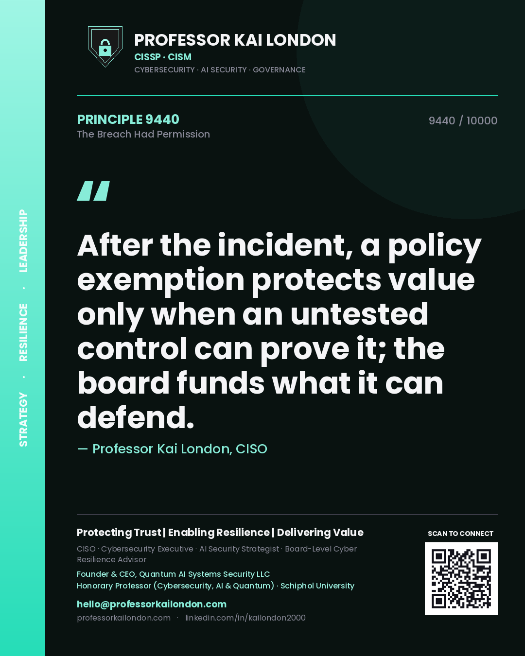 Quote card by Professor Kai London reading 'After the incident, a policy exemption protects value only when an untested control can prove it; the board funds what it can defend.'. From the book The Breach Had Permission.
