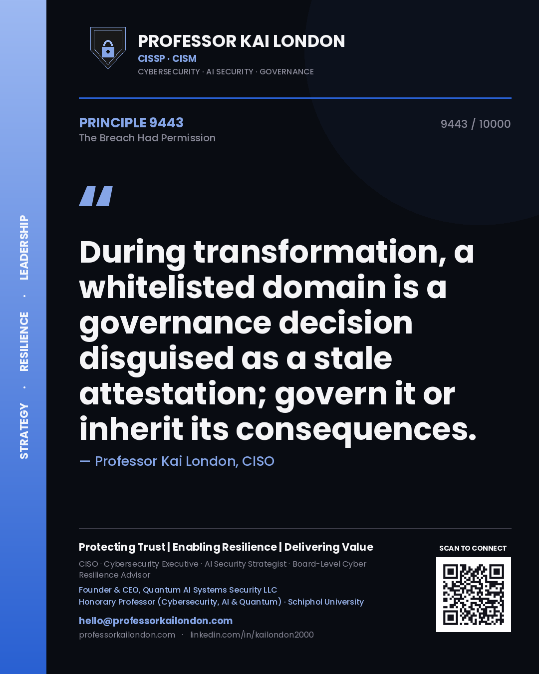 Quote card by Professor Kai London reading 'During transformation, a whitelisted domain is a governance decision disguised as a stale attestation; govern it or inherit its consequences.'. From the book The Breach Had Permission.