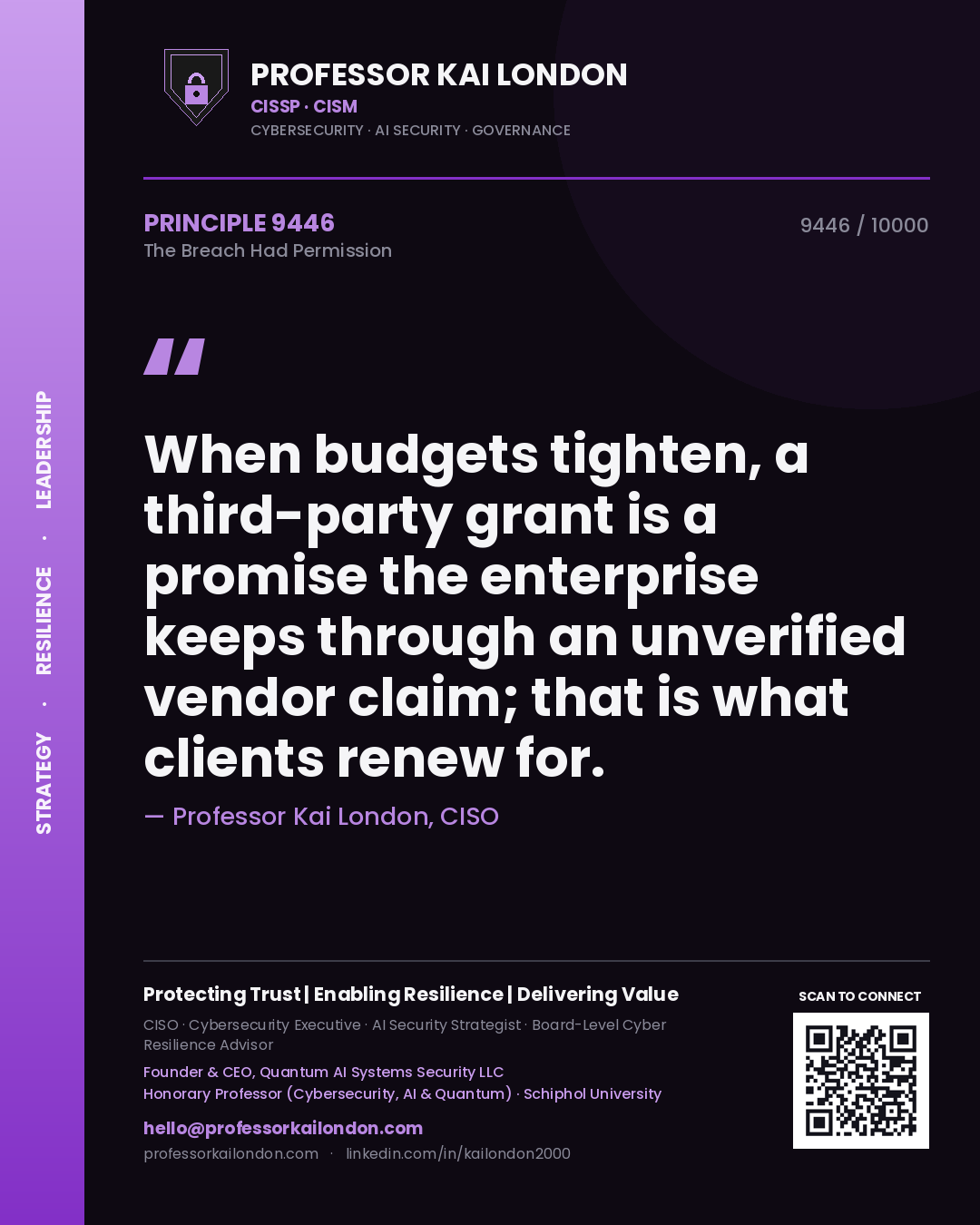 Quote card by Professor Kai London reading 'When budgets tighten, a third-party grant is a promise the enterprise keeps through an unverified vendor claim; that is what clients renew for.'. From the book The Breach Had Permission.