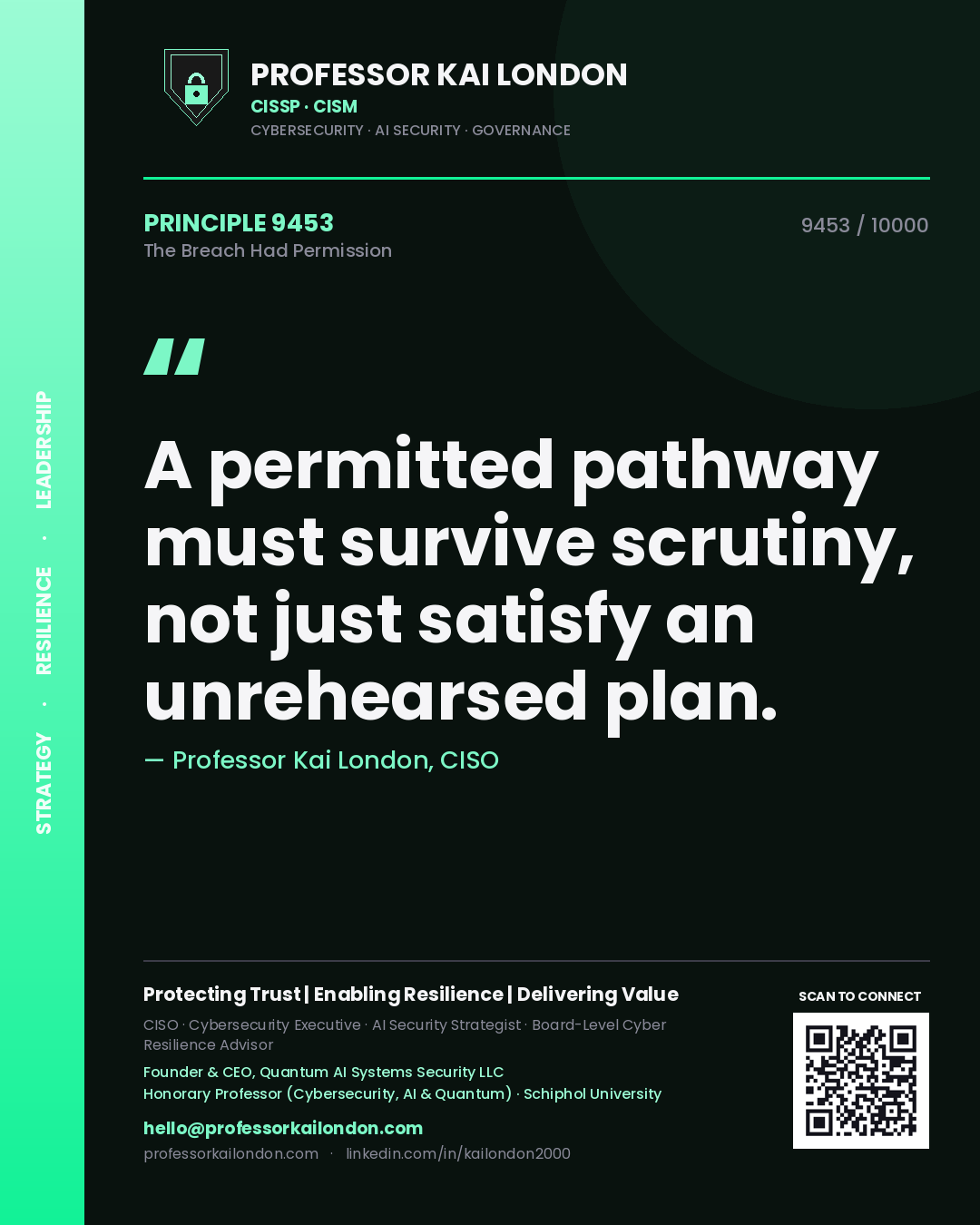 Professor Kai London principle 9453: A permitted pathway must survive scrutiny, not just satisfy an unrehearsed plan.