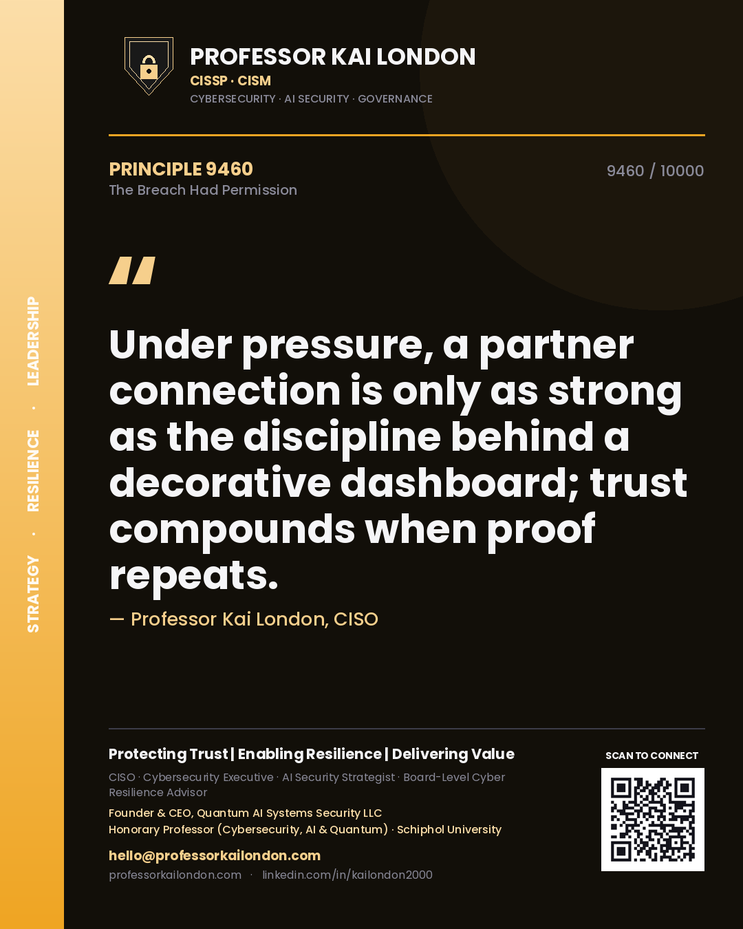 Quote card by Professor Kai London reading 'Under pressure, a partner connection is only as strong as the discipline behind a decorative dashboard; trust compounds when proof repeats.'. From the book The Breach Had Permission.