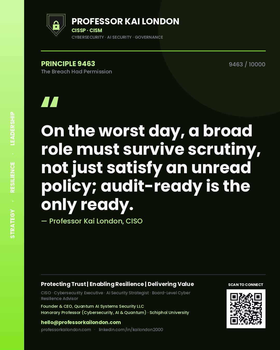 Professor Kai London principle 9463: On the worst day, a broad role must survive scrutiny, not just satisfy an unread policy; audit-ready is the only ready.