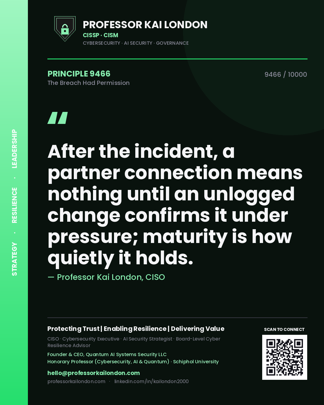 Quote card by Professor Kai London reading 'After the incident, a partner connection means nothing until an unlogged change confirms it under pressure; maturity is how quietly it holds.'. From the book The Breach Had Permission.