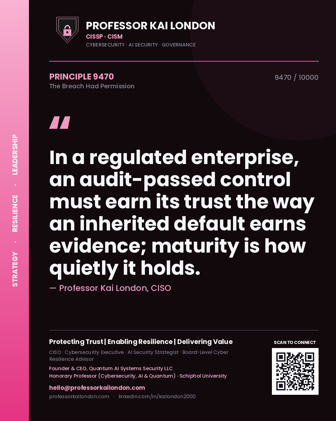 Quote card by Professor Kai London reading 'In a regulated enterprise, an audit-passed control must earn its trust the way an inherited default earns evidence; maturity is how quietly it holds.'. From the book The Breach Had Permission.