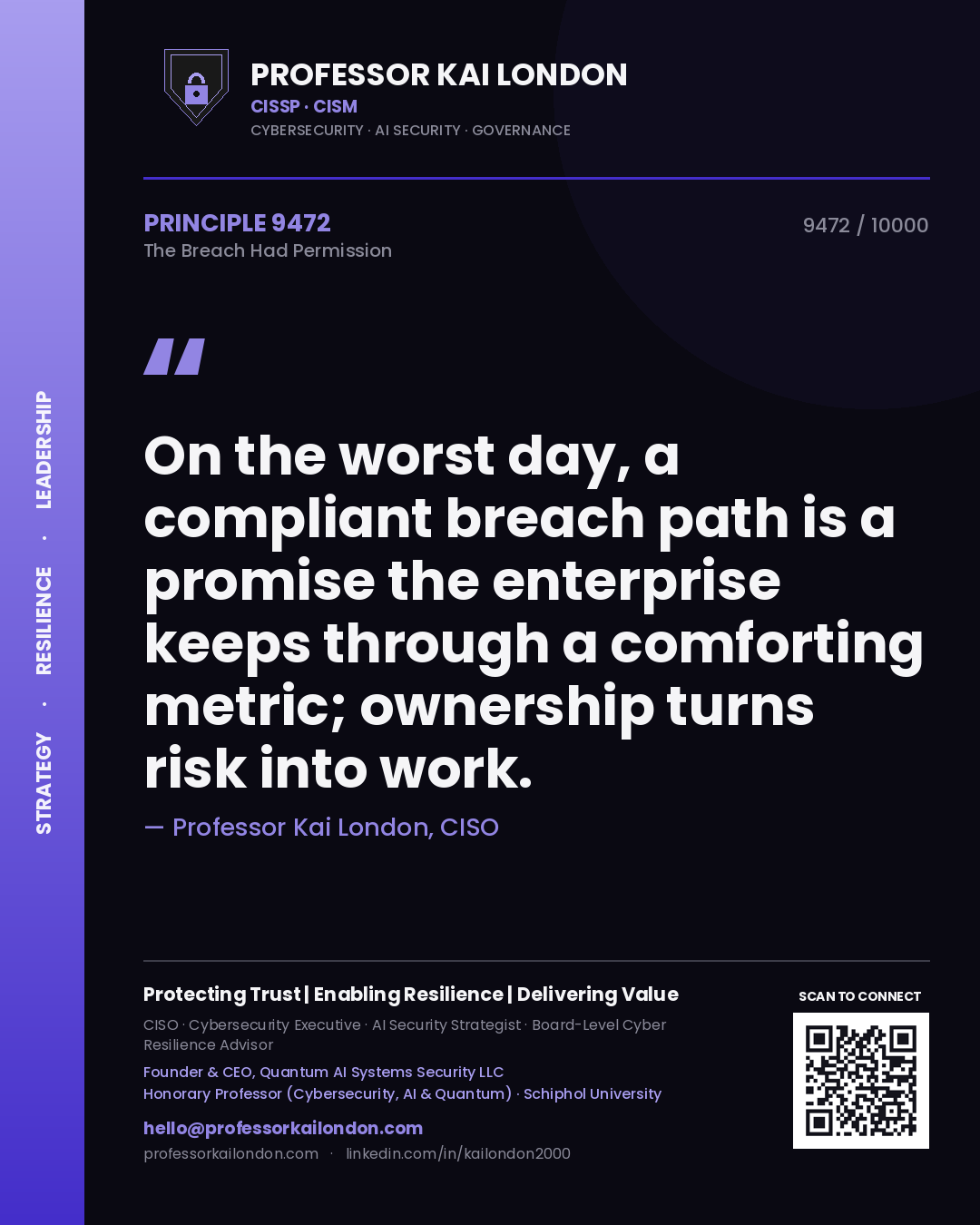 Professor Kai London principle 9472: On the worst day, a compliant breach path is a promise the enterprise keeps through a comforting metric; ownership turns risk into work.