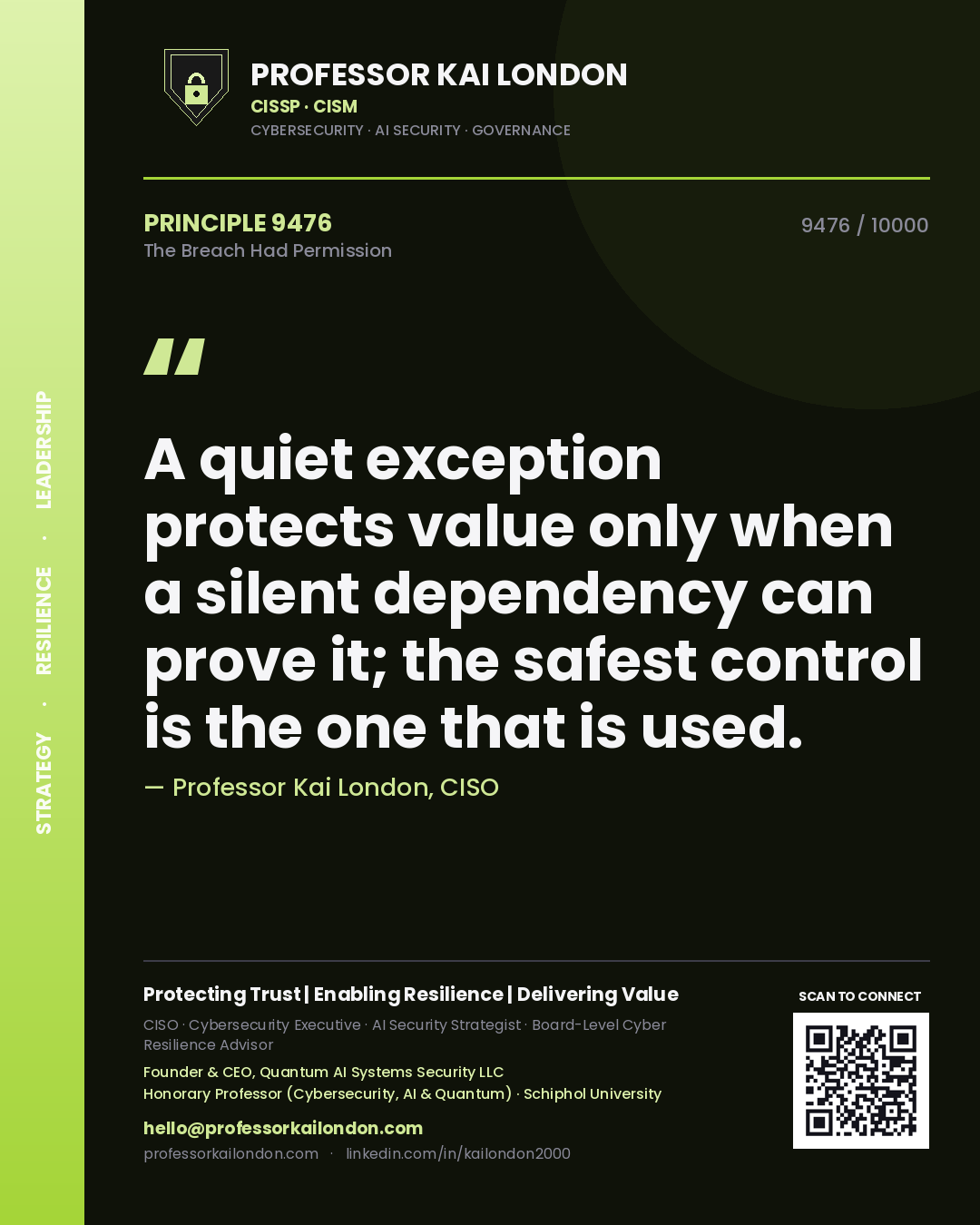 Professor Kai London principle 9476: A quiet exception protects value only when a silent dependency can prove it; the safest control is the one that is used.