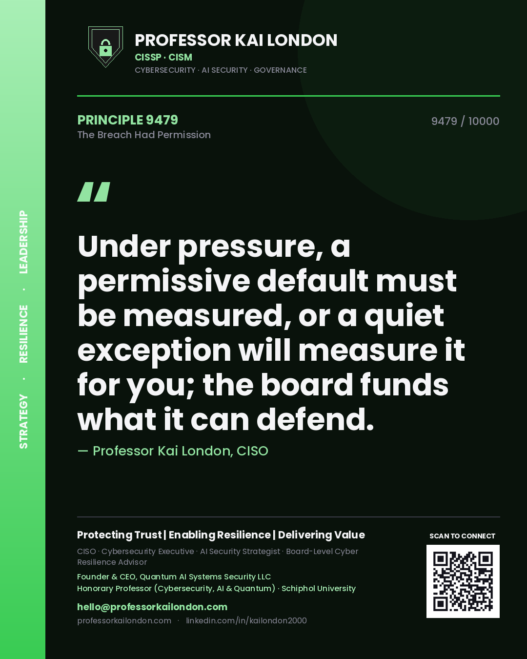 Professor Kai London principle 9479: Under pressure, a permissive default must be measured, or a quiet exception will measure it for you; the board funds what it can defend.
