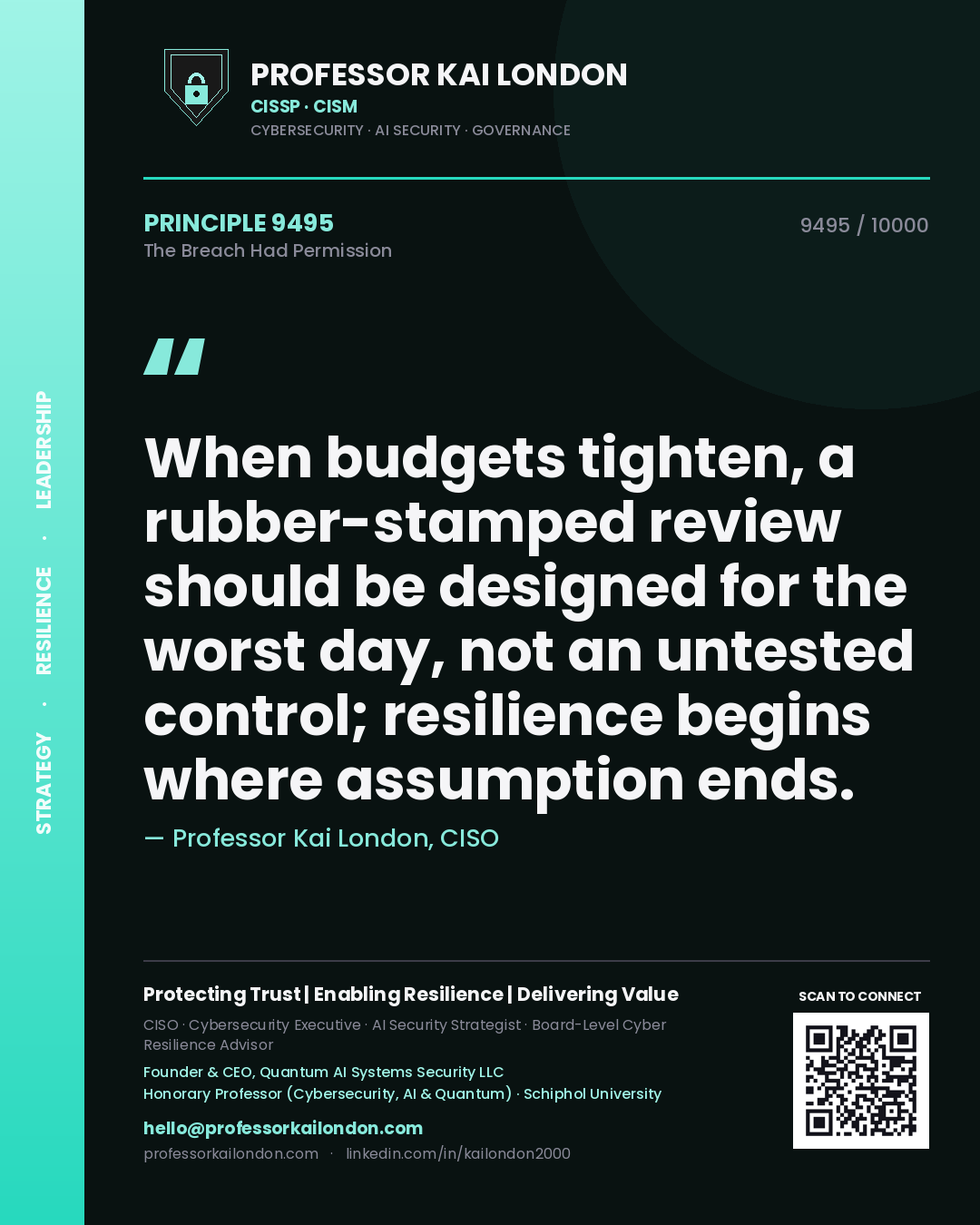 Quote card by Professor Kai London reading 'When budgets tighten, a rubber-stamped review should be designed for the worst day, not an untested control; resilience begins where assumption ends.'. From the book The Breach Had Permission.