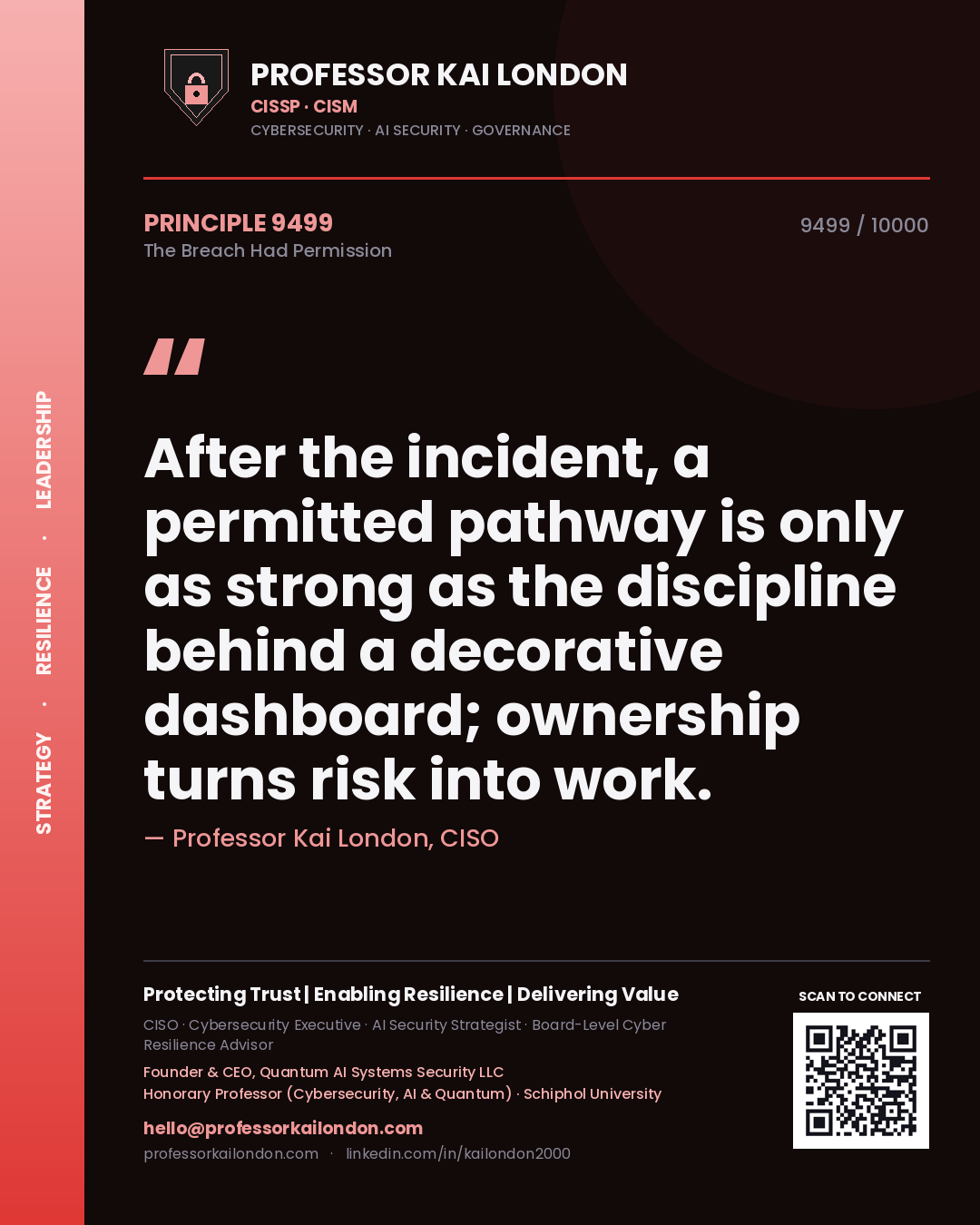 Professor Kai London principle 9499: After the incident, a permitted pathway is only as strong as the discipline behind a decorative dashboard; ownership turns risk into work.