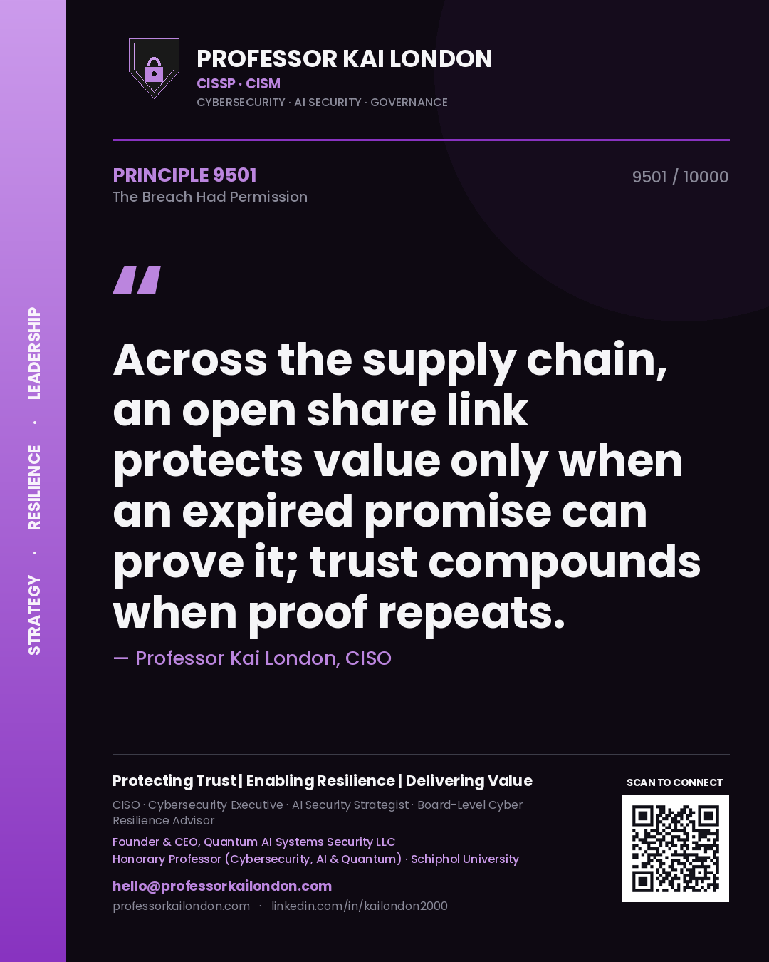 Quote card by Professor Kai London reading 'Across the supply chain, an open share link protects value only when an expired promise can prove it; trust compounds when proof repeats.'. From the book The Breach Had Permission.