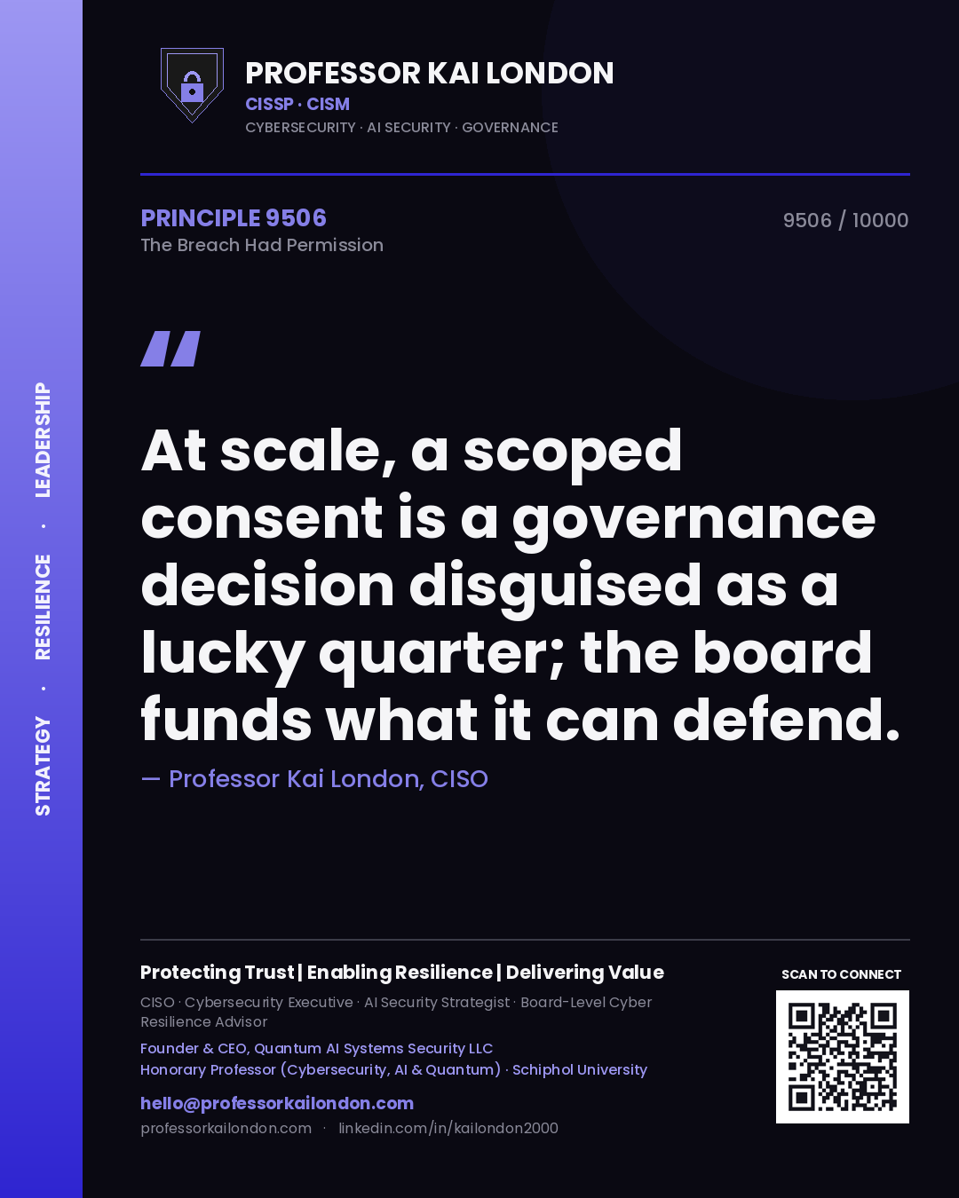 Quote card by Professor Kai London reading 'At scale, a scoped consent is a governance decision disguised as a lucky quarter; the board funds what it can defend.'. From the book The Breach Had Permission.