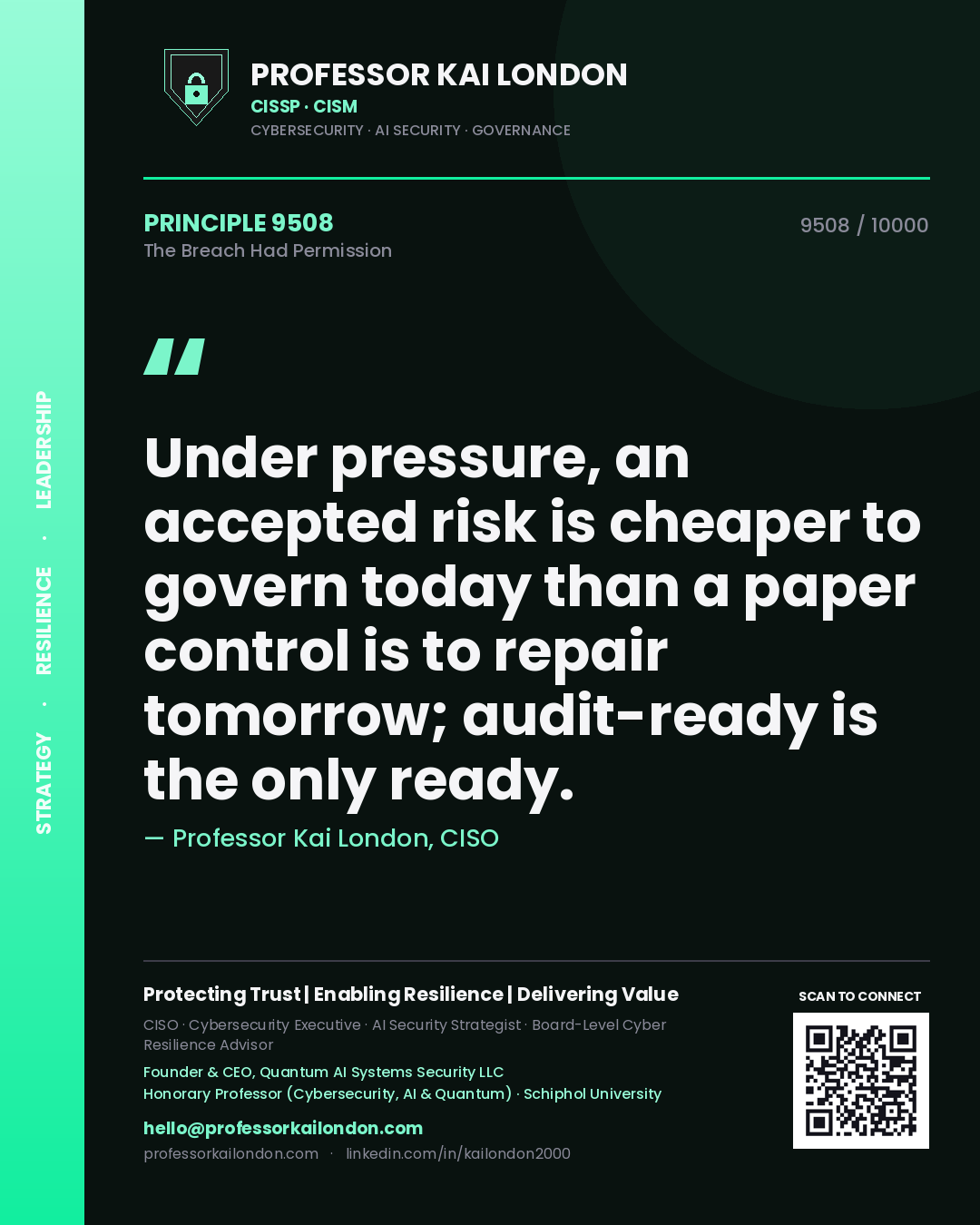 Quote card by Professor Kai London reading 'Under pressure, an accepted risk is cheaper to govern today than a paper control is to repair tomorrow; audit-ready is the only ready.'. From the book The Breach Had Permission.