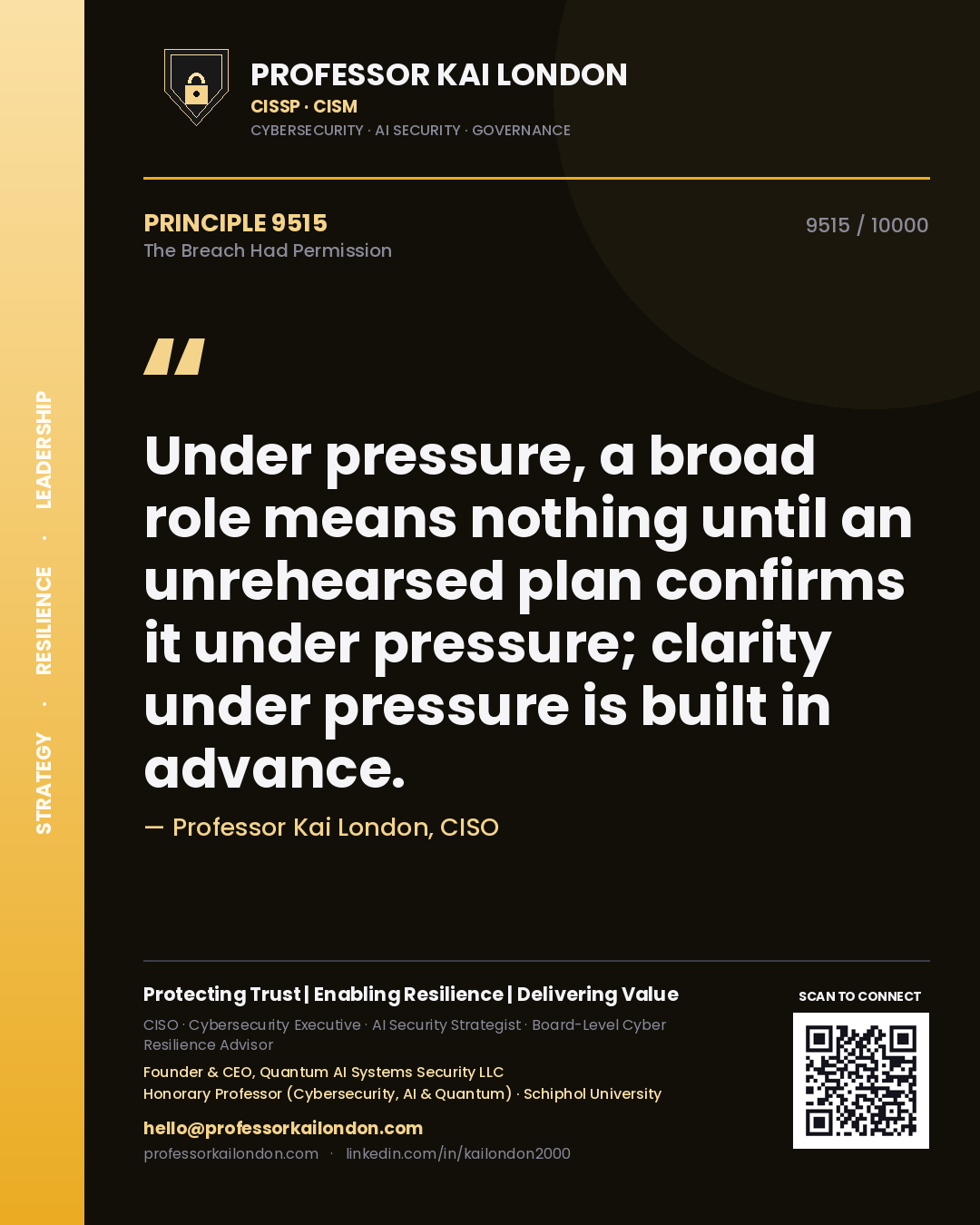 Quote card by Professor Kai London reading 'Under pressure, a broad role means nothing until an unrehearsed plan confirms it under pressure; clarity under pressure is built in advance.'. From the book The Breach Had Permission.