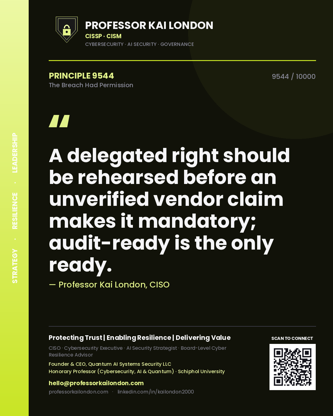 Professor Kai London principle 9544: A delegated right should be rehearsed before an unverified vendor claim makes it mandatory; audit-ready is the only ready.