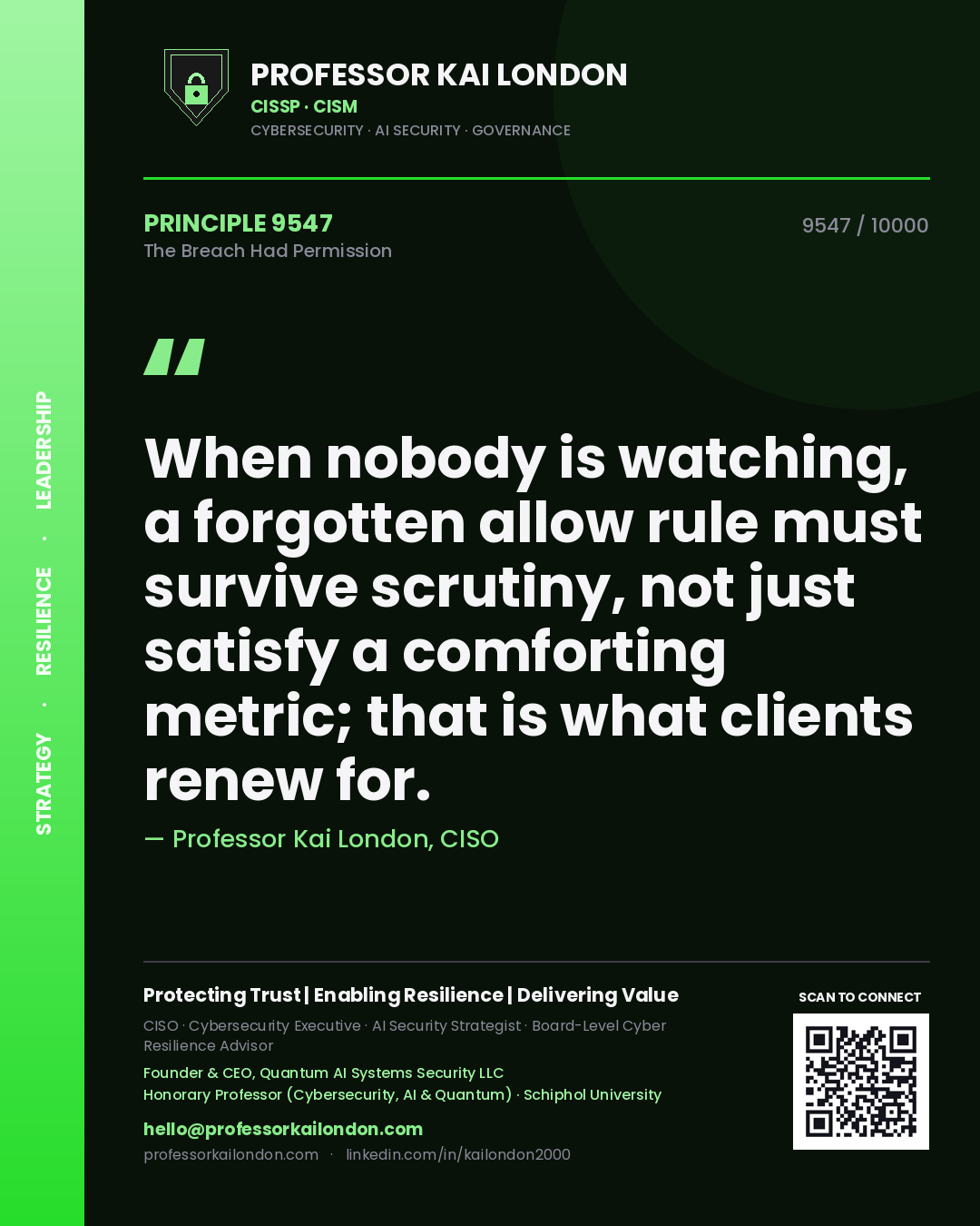 Quote card by Professor Kai London reading 'When nobody is watching, a forgotten allow rule must survive scrutiny, not just satisfy a comforting metric; that is what clients renew for.'. From the book The Breach Had Permission.